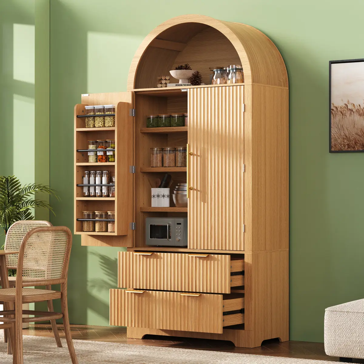 [Bellemave] 72" Tall Arched Kitchen Pantry Cabinet with 2 Drawers, Mid Century Modern Fluted Storage Cabinet with 8 Adjustable Door Shelves, Wooden Cupboard Organizer for Kitchens, Living Room