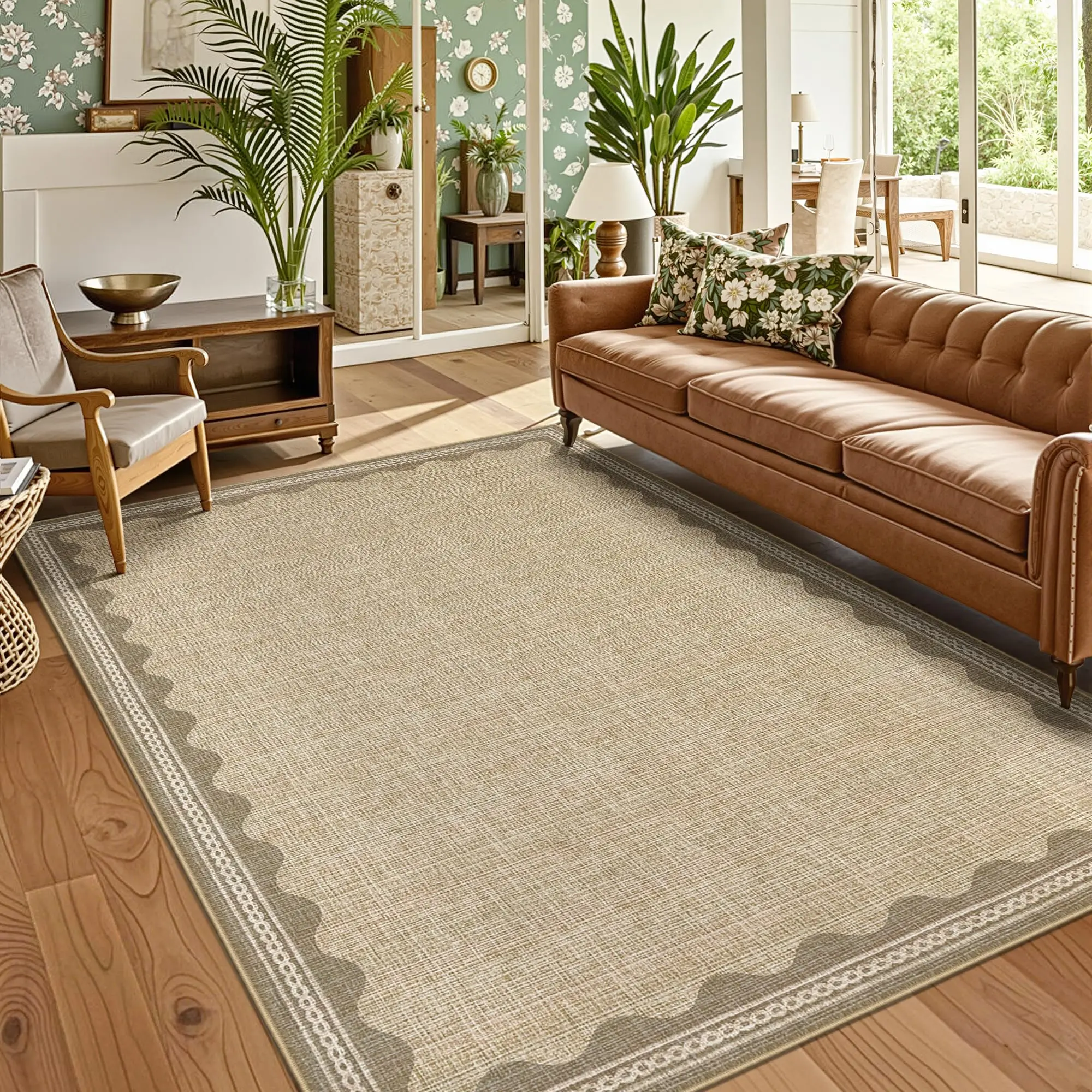 Garvee Scalloped Jute Rug 5x7 Washable Living Room Rugs Non Slip Rubber Backed Modern Rug Ultra Soft Non Shedding Floor Cover Low Pile Stain Resistant Bordered Print Carpet for Bedroom, Beige Gray