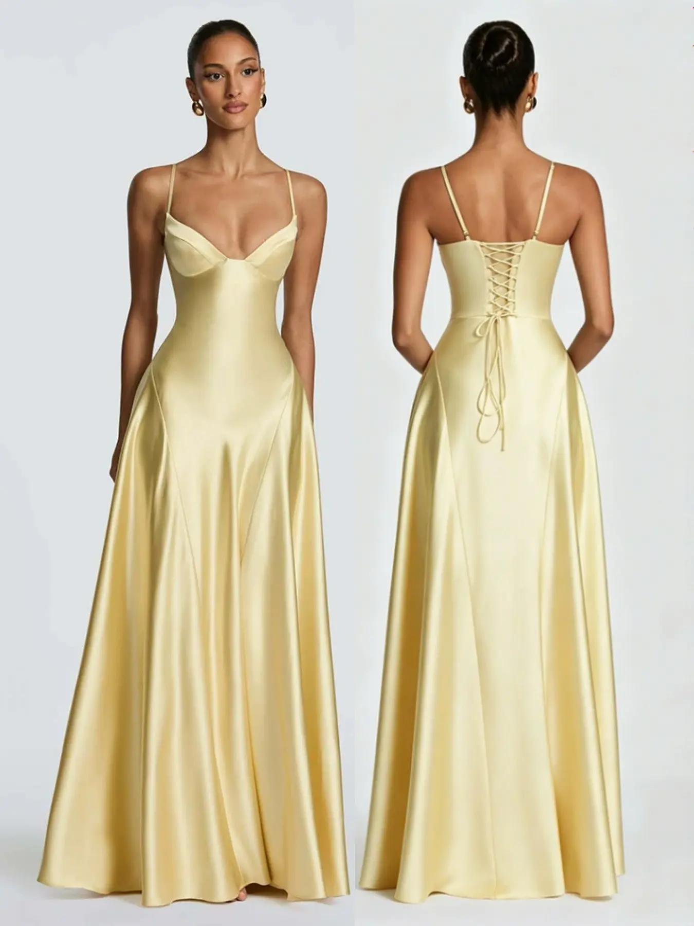 2026 Summer New European Style Solid Color Long Dress, Satin Halter Neck Strap Waist Cinch Evening Gown, Deep V Large Skirt Formal Dress