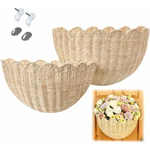 Scalloped Wall Basket Set of 2, Hand Woven Scalloped Wicker Wall Basket,  Rattan  Storage Basket for Bathroom  Entryway Boho Wall Decor, 15.7x7x10 & 14.1x6x8 Inch