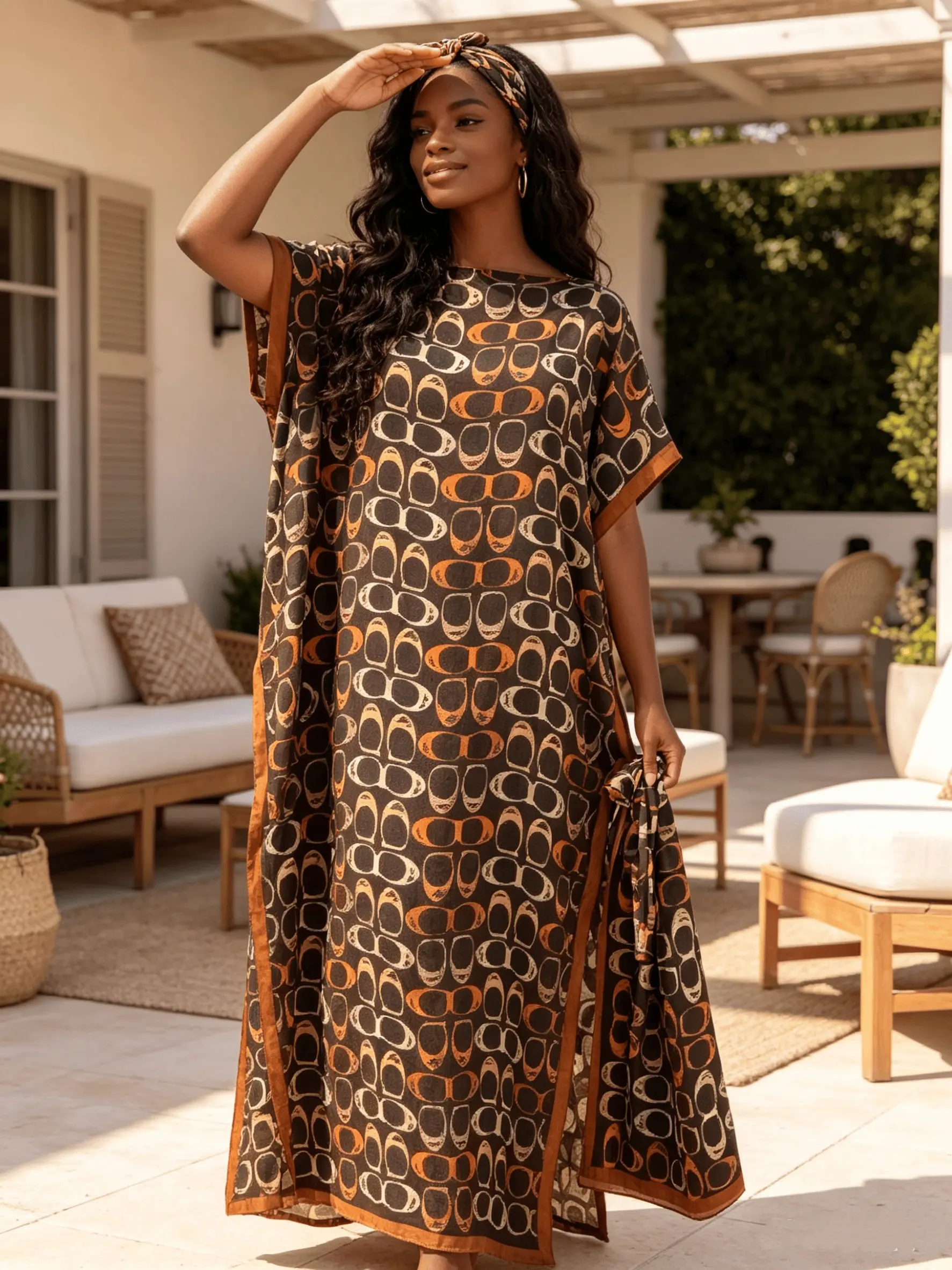 New Women's 2 Piece Brown Base Interlink Geometric Print Kaftan Maxi Dress with Matching Scarf, Silky Loose Satin Robe, Plus Size Friendly, Beach Cover Up, Resort Vacation & Evening Party Wear, Casual Wear, Fashion