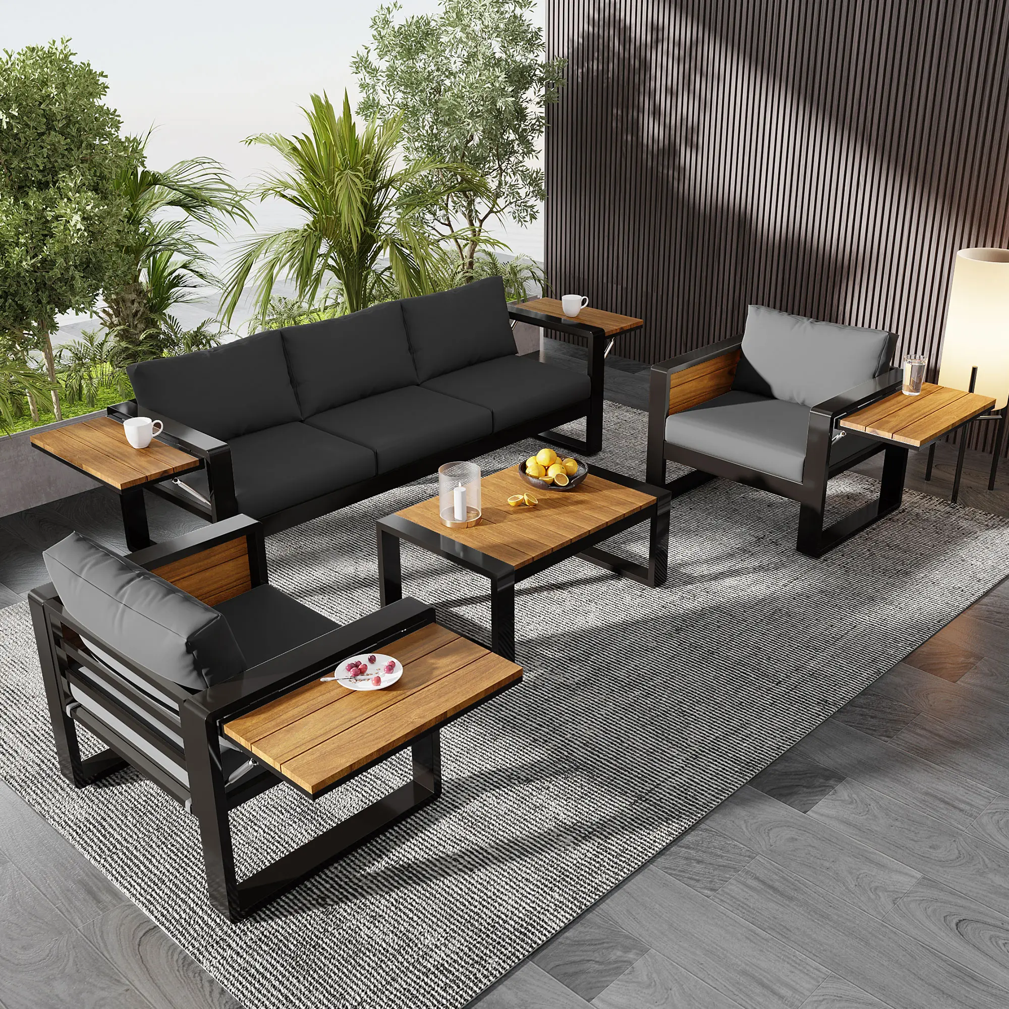 ARCH Large Size 5-Person 4-Piece Outdoor Patio Furniture Set - 3-Seater Sofa, 2 Armchairs with Fold-Out Side Tables, Aluminum Frame, Grey Cushions, Modern Balcony/Lounge Seating Set for Apartment, Family Room, Patio Furniture Sets, Garden