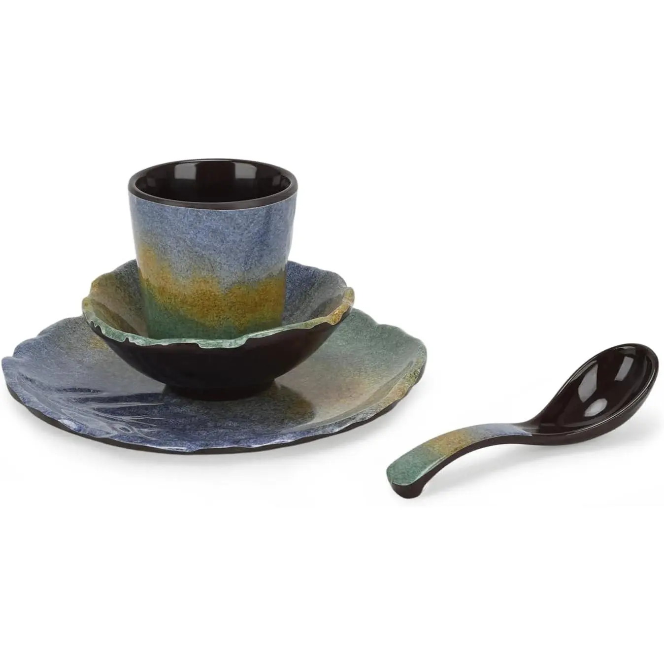 Melamine Dinnerware Sets 4-, Unbreakable Plates Bowls Cups and Spoons, Lightweight Dishwasher Safe Dinnerware for Outdoor Indoor