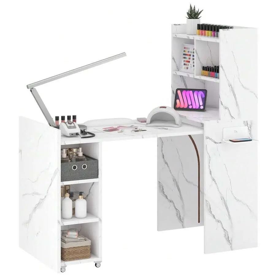 Foldable Manicure Table Nail Desk, Extendable Nail Station With Storage Shelf & Drawer,-Mount Nail Tech Table Modern Multipurpose Table Home & Office, Space-Saving Design