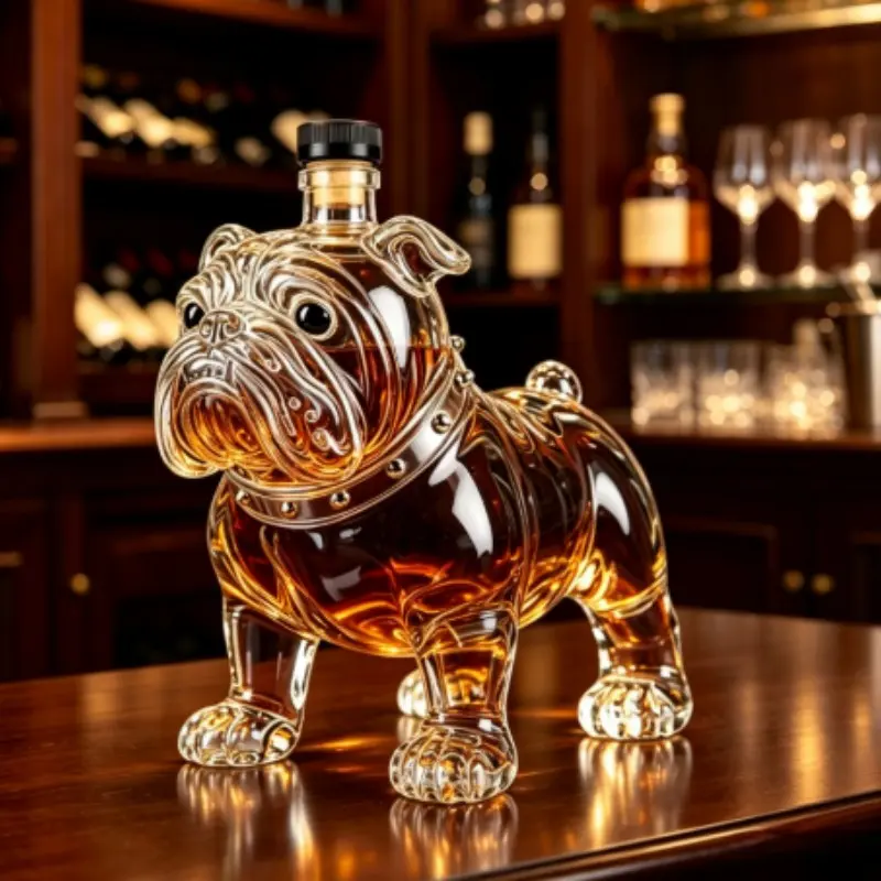 Vintage British Bulldog Glass Decanter, Rivet Collar Design, Animal Shaped Whiskey & Brandy Bottle, Bar Table Decor, Premium Glass Wineware