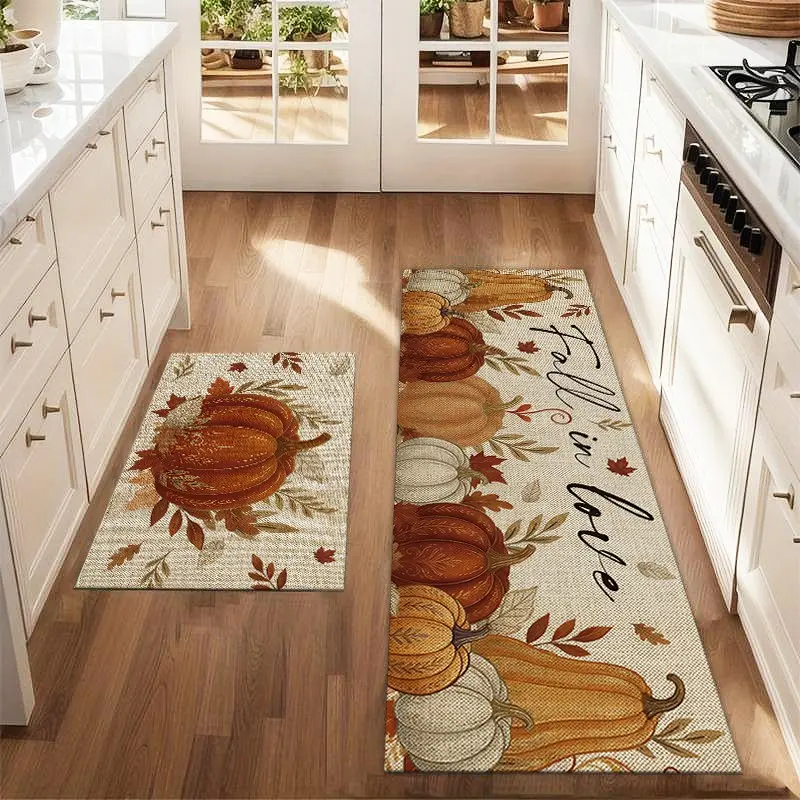 2Pcs Autumn Pumpkin Rug Set, Thanksgiving Abstract Art Print, Anti-Fatigue Kitchen Mat, Non-Slip Washable Floor Decor