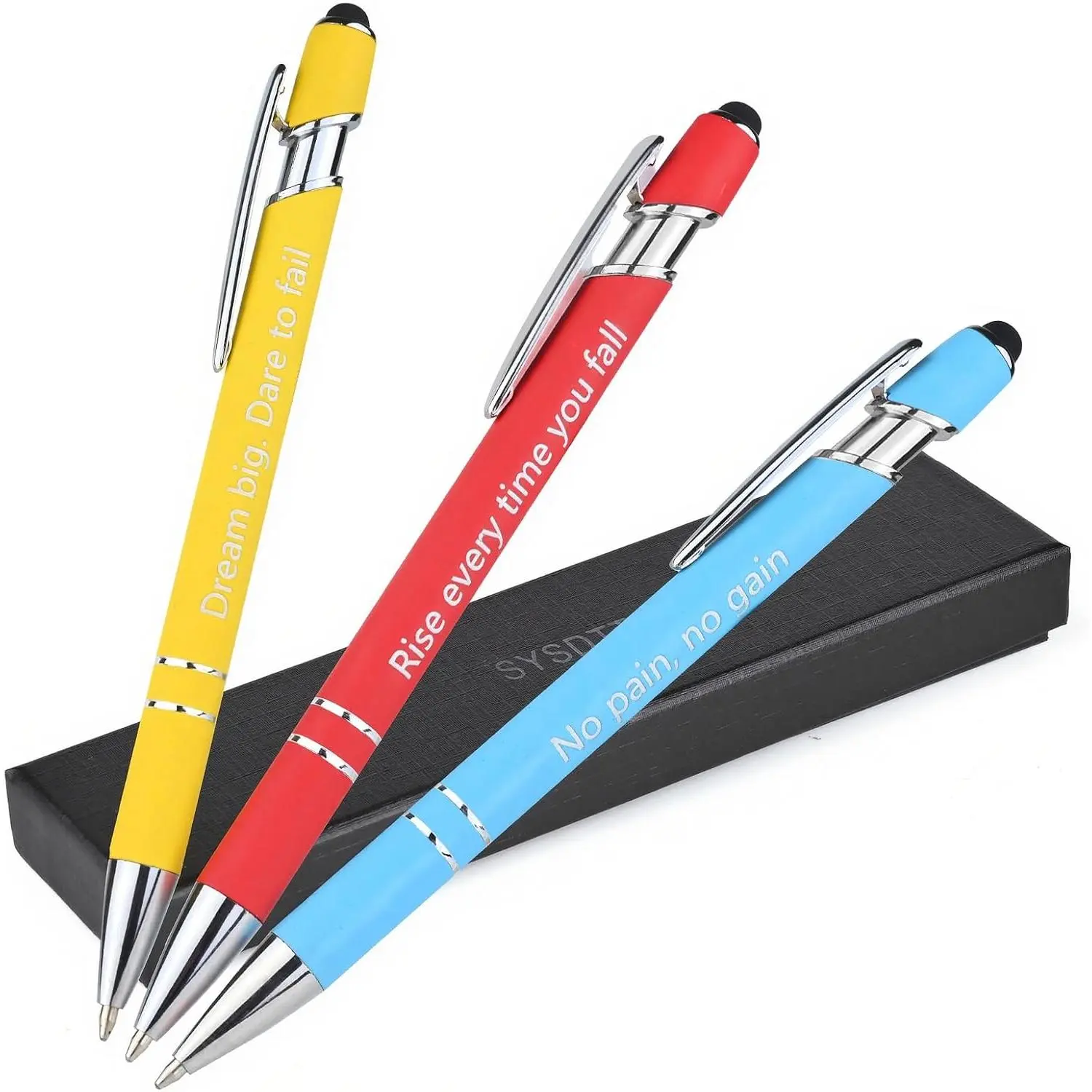 3-Pack 2-in-1 Metal Stylus Pen for Touchscreens - 1.0mm Ballpoint Gel Black Ink Pens with Inspirational Phrases, Red Yellow Blue Set, 1.0Mm Ballpoint Pen