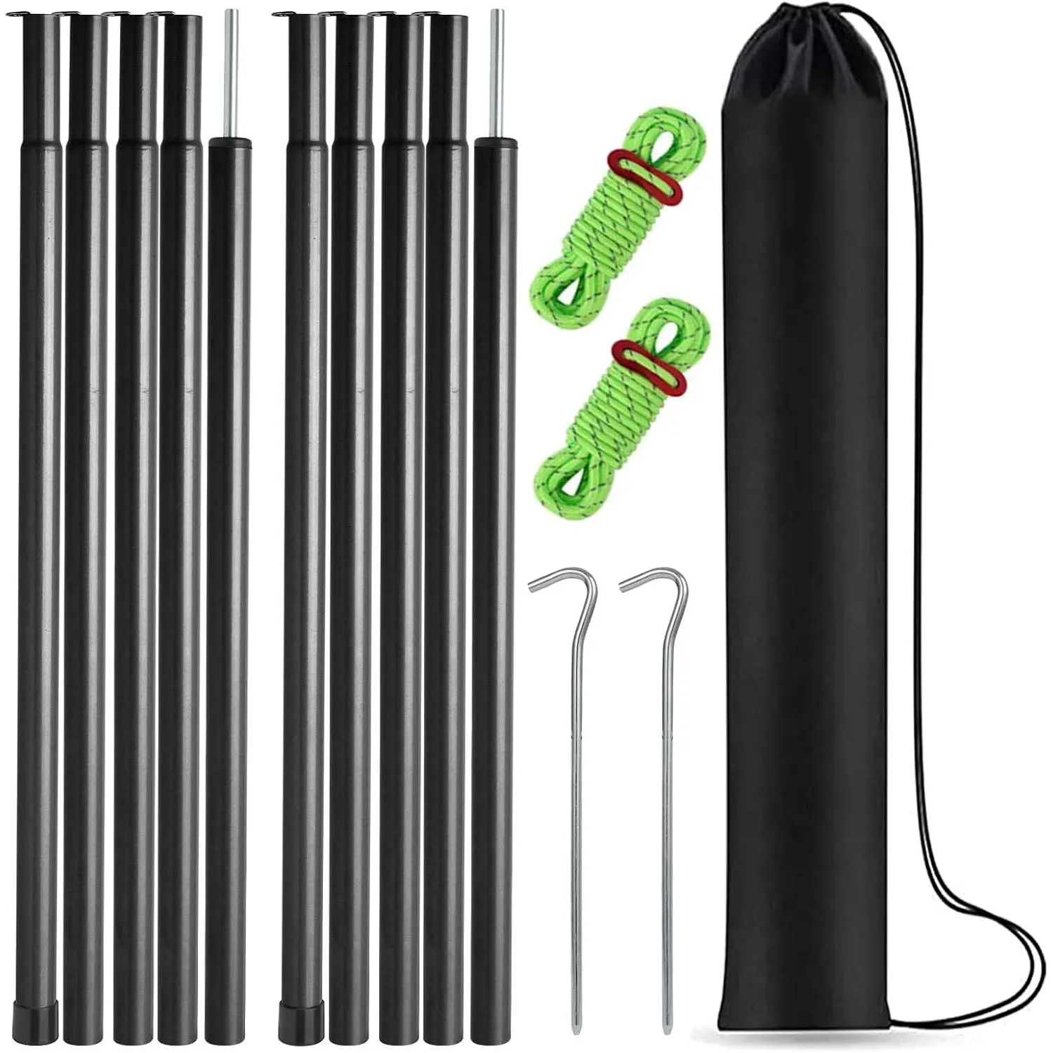 Adjustable Steel Tent Tarp Poles Replacement Rods for Camping Tarp Canopy, Set of 2 with Pegs & Reflective Ropes