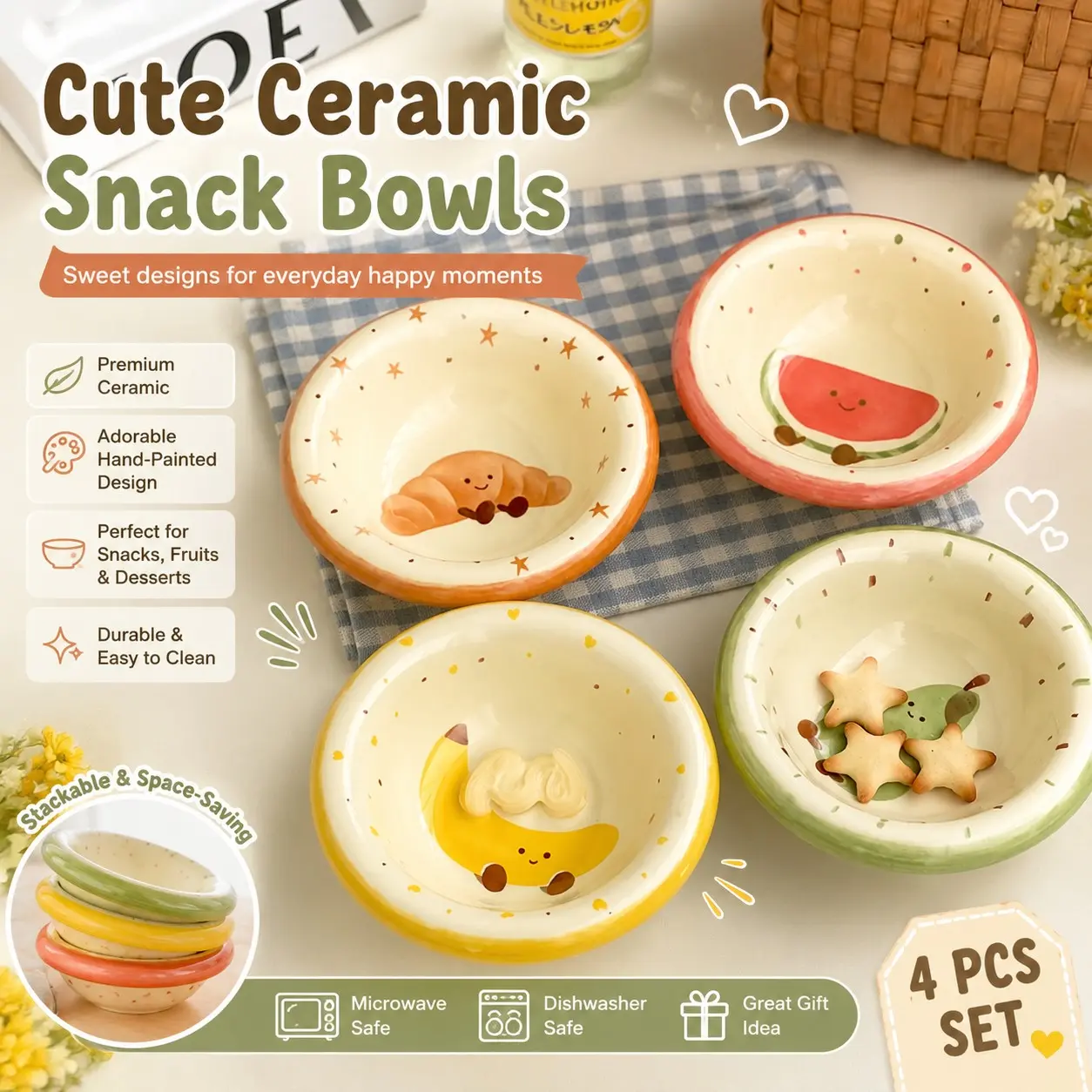 4-piece set of sweet fruit ceramic small plates, sauce dishes, snack plates, household seasoning plates, tableware