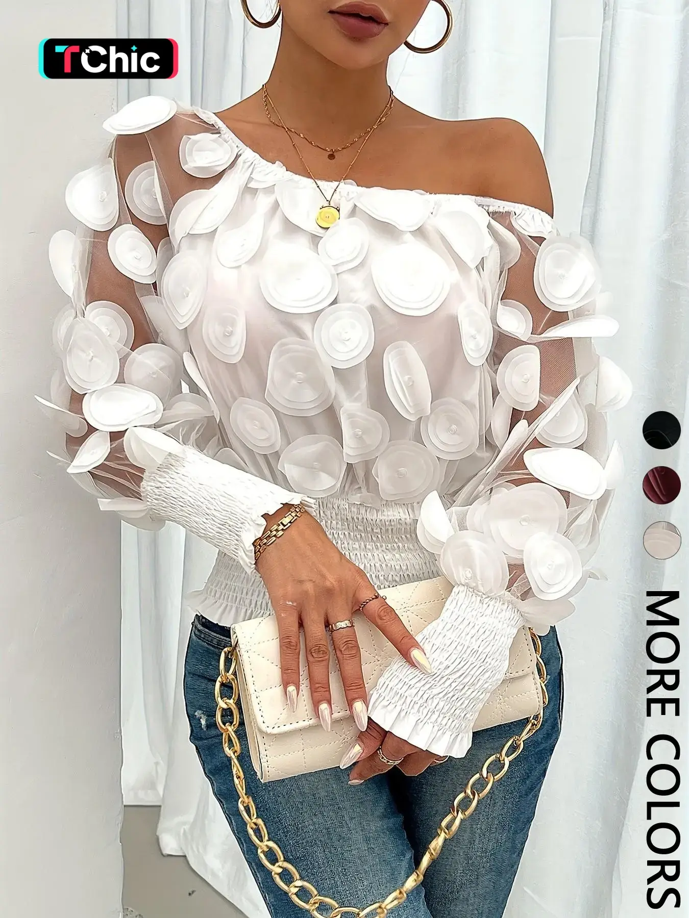 Women's Casual Loose Asymmetrical Shoulder Top with Floral Design and Waist Cinch, Stylish Blouse for Dates and Daily Wear, Asymmetric Hem Top