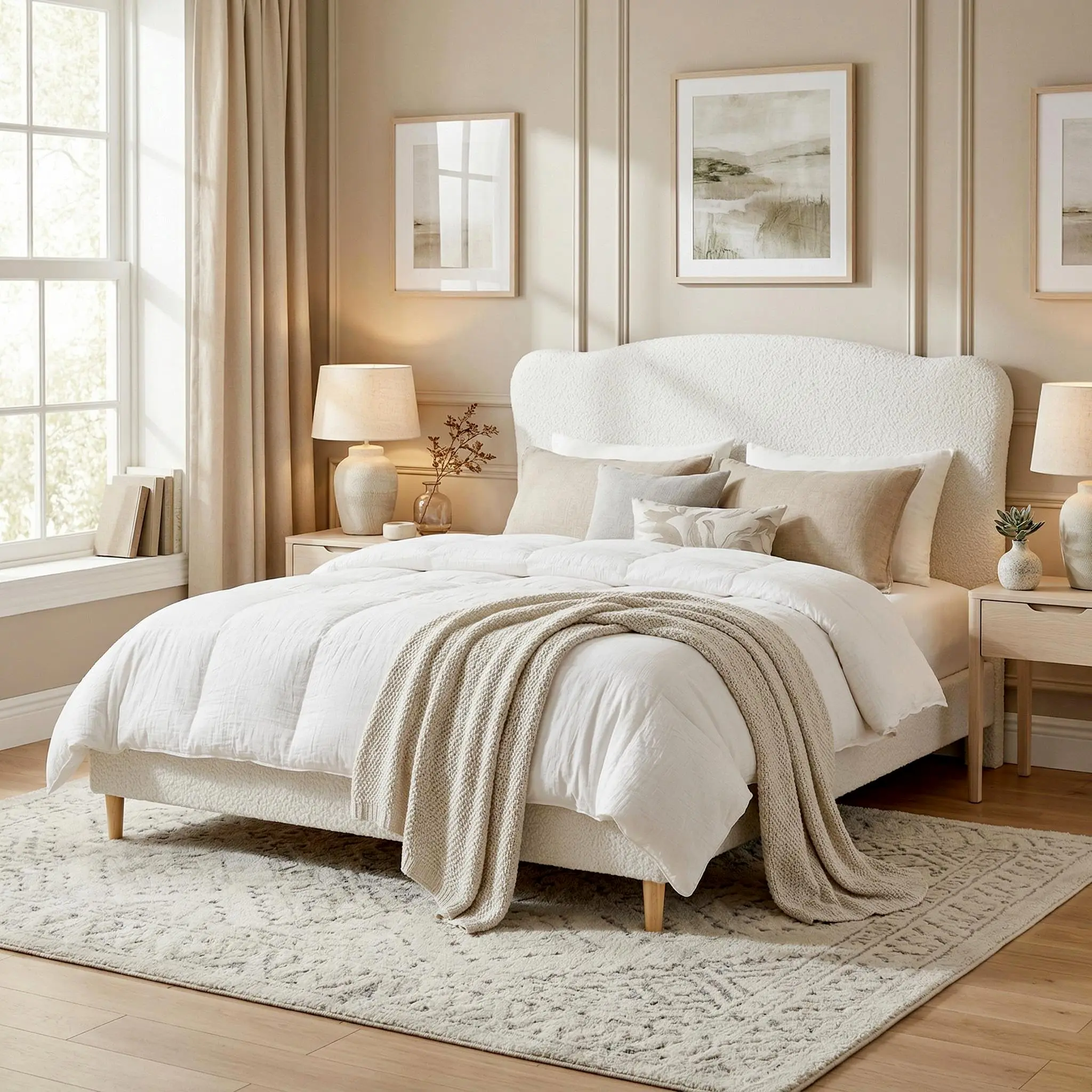 Garvee Queen Bed Frame - Sturdy Upholstered Headboard Luxurious Platform Bed, Soft Bouclé Fabric, Low Profile, Rounded Corners, Heavy Slats Support, Noise-Free, No Box Spring Needed, Beige, Sturdy Bed Frame