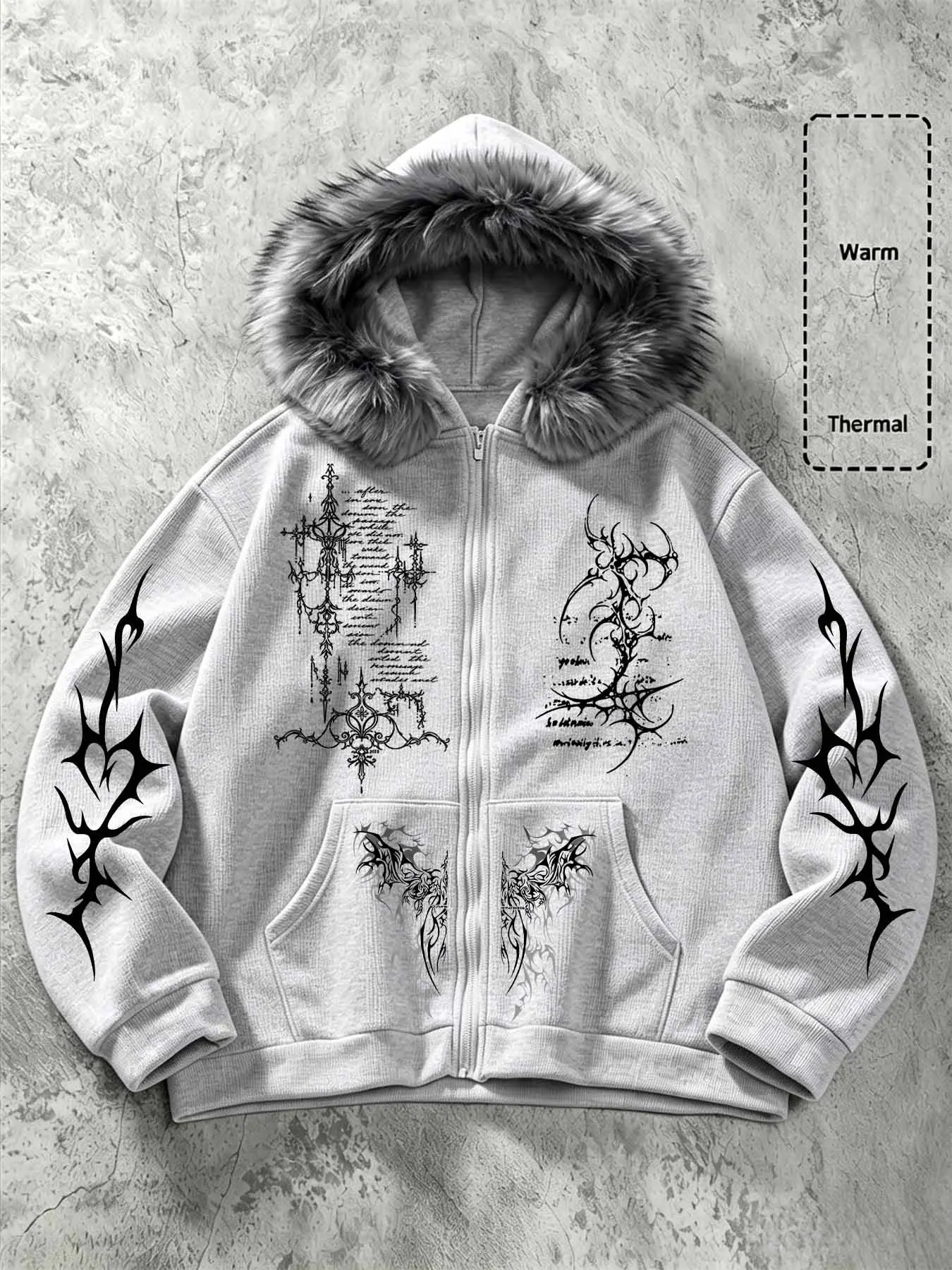 Men's Faux Fur Hooded Jacket, Gothic Street Style Zipper Hoodie, Thorn Rune Print, Warm Winter Outerwear, Casual Loose-Fit