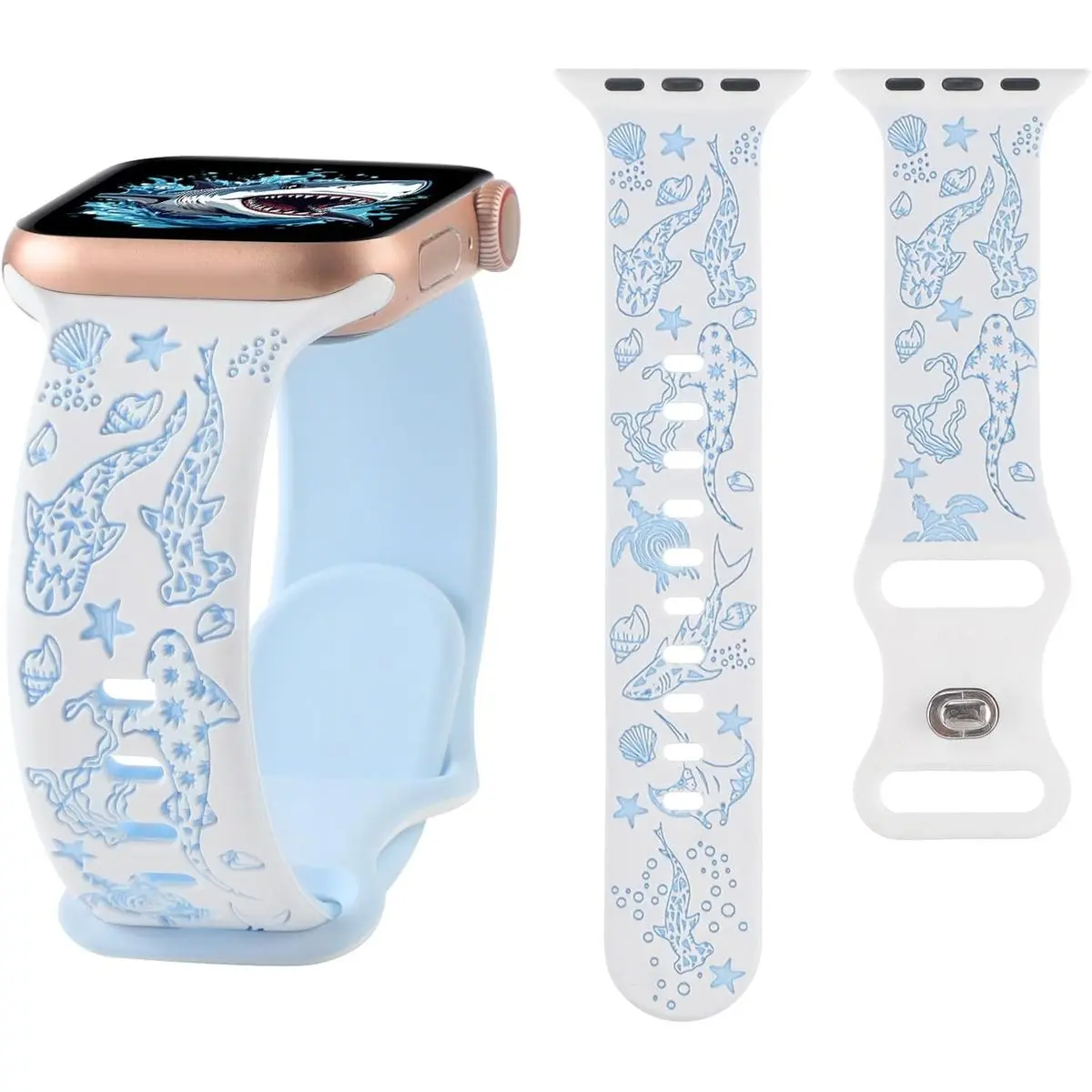 Engraved Shark Double Color Silicone Band Compatible with Apple Watch 38mm 40mm 41mm 42mm 44mm 45mm 46mm 49mm Cute Fancy Laser Strap Compatible for iWatch Series SE Ultra 11 10 9 8 7 6 5 4 3 2 1