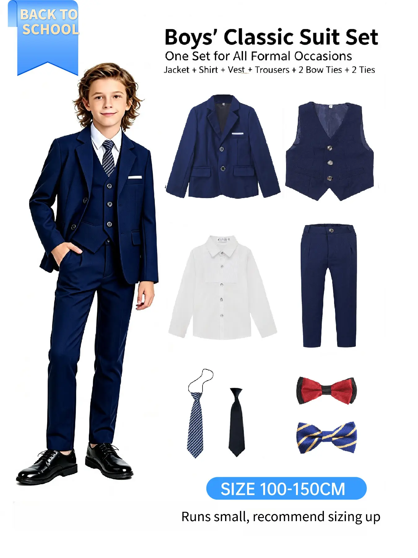 8-Piece Boys Formal Suit Set Toddler Tuxedo | Toddler to Teen Slim Fit (Blazer + Shirt + Vest + Pants + 2 Bow Ties + 2 Ties) | Versatile Styling | Ideal for Birthdays, Weddings, Graduations, Coming-of-Age Ceremonies & Formal Occasions | Sizes 100-150cm