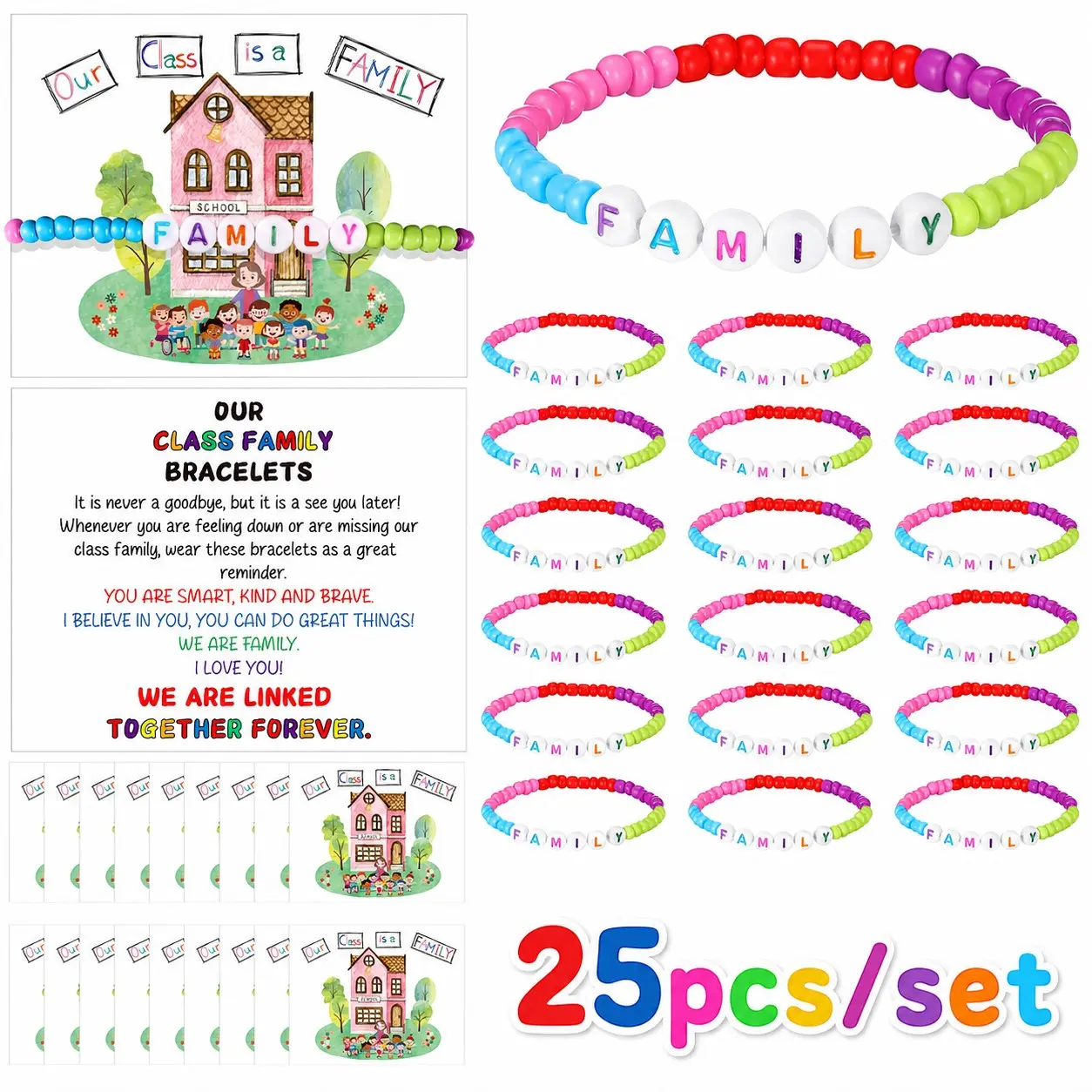 25 Sets Year-End Student Friendship Bracelets, Teacher Gift Wholesale, Graduation Class Friendship Bracelet Gifts, Class Card Included