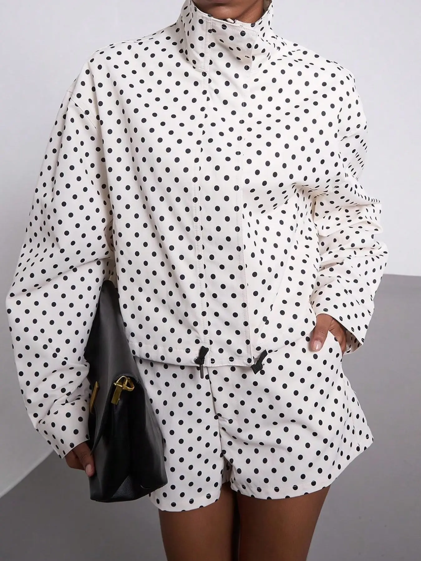 Women's Spring/Fall European Style Two-Piece Button Front Suit, Stand Collar Vintage Polka Dot Long Sleeve Blazer & Shorts, Pilot Look Outerwear Short Suits Top