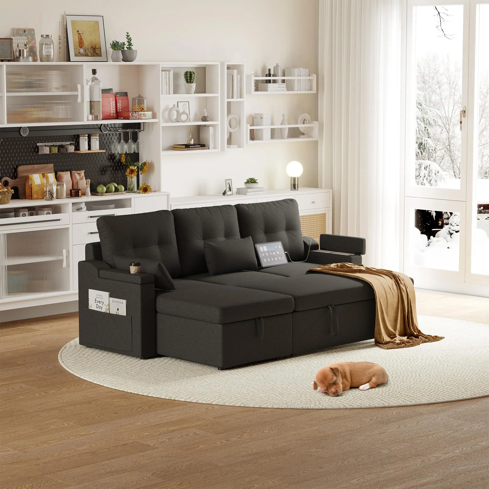 Garvee Modern L-Shaped Sectional Sleeper Sofa with Pull-Out Bed and Storage, Reversible Design, Removable Washable Cushion Covers, and Built-In USB Type-C Ports for Living Room