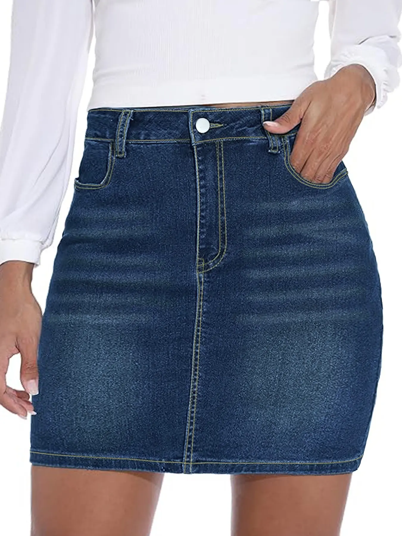 Plus Size Dark Indigo Solid High Waist Tummy Control Denim Short Mini Skirt, Curvy Five Pocket Jean Pencil Skirt, Casual Skirt for Office, Campus, Brunch, BBQ, Bottoms