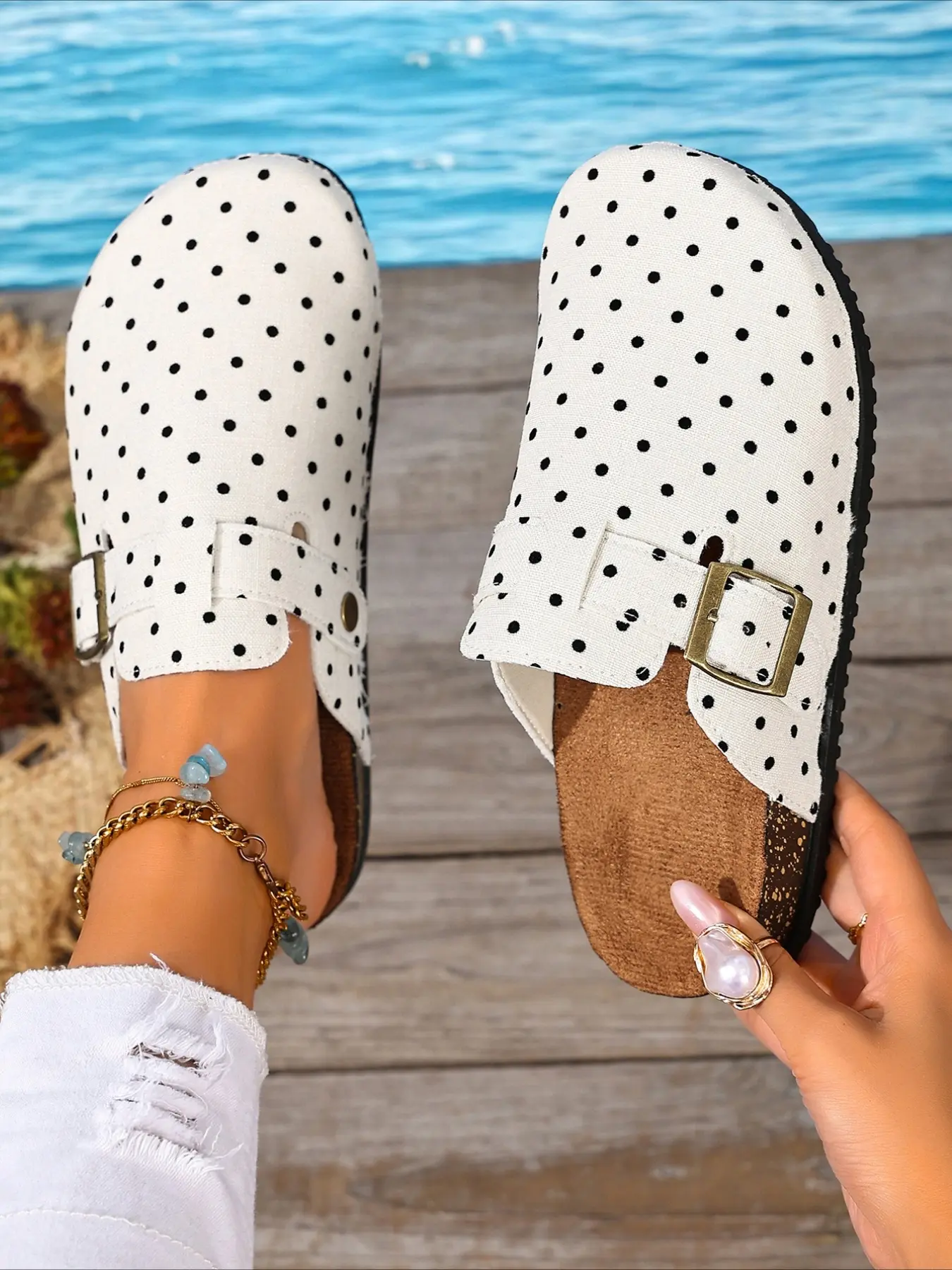 Polka dot closed toe PU Leather mules with side metal buckle, comfy cork flat sole, two colors casual slip-on women slide shoes, Mule Slides
