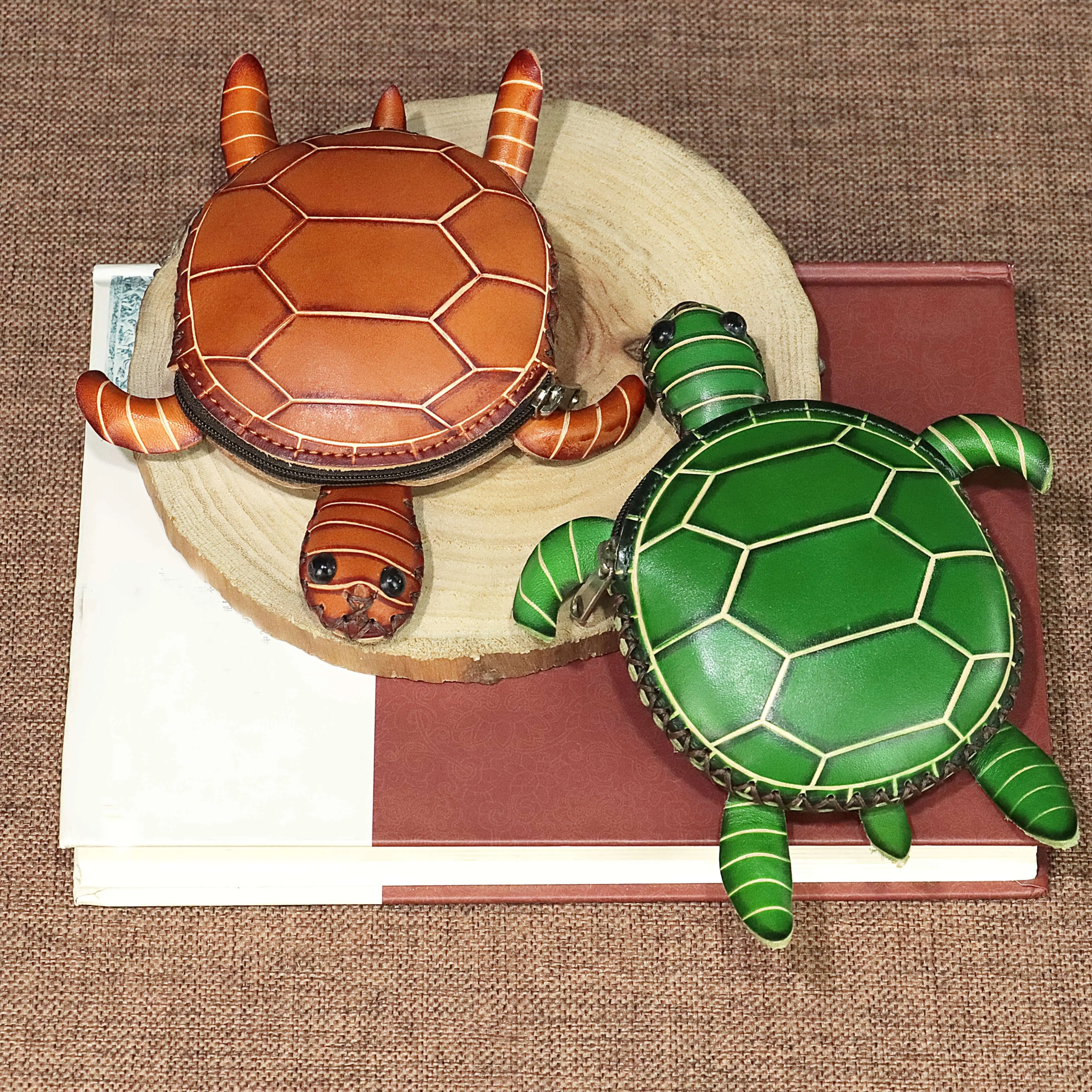 Women's Genuine Leather High-Capacity Coin Purse - Turtle Design, Floral Print, Chic Retro Style, Flap Closure, Casual Luggage & Bag Accessory