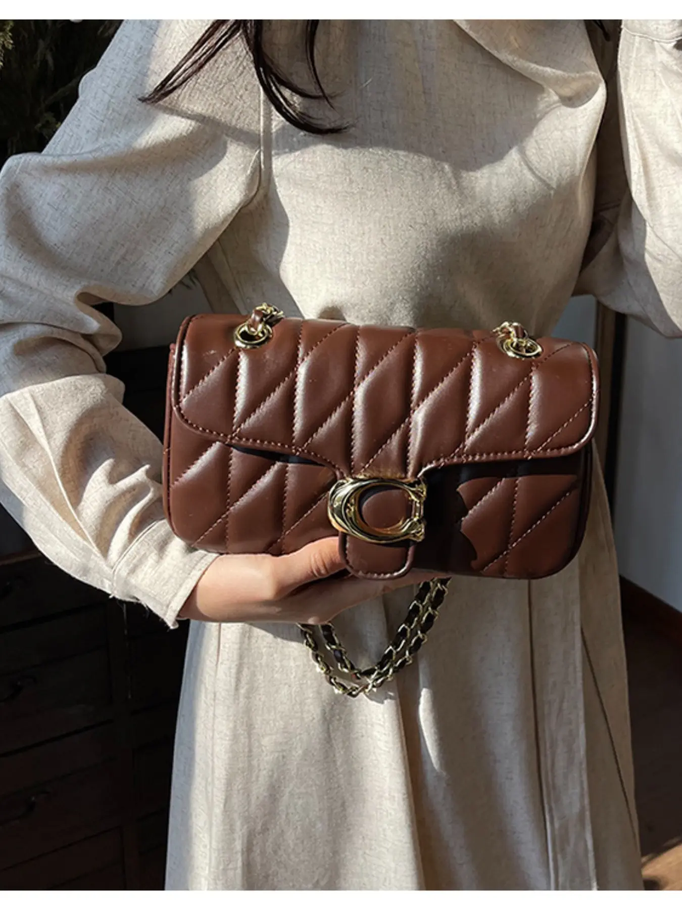Women's Crossbody Bag, Embroidered Chain Design, Fashionable Daily Use, Elegant Belt Bag, Colorblock Pattern, All Seasons Accessory