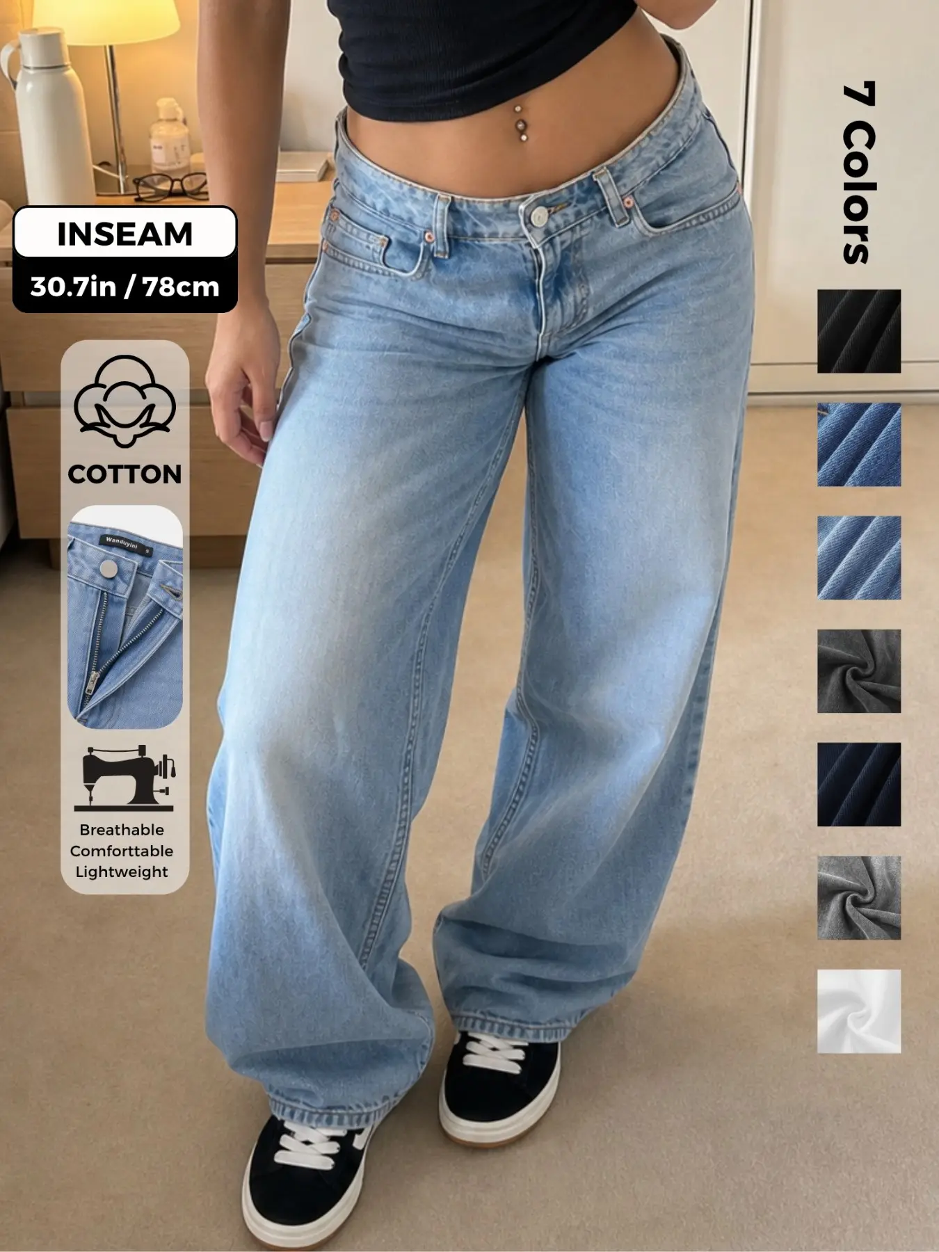 Low Rise Baggy Jeans for Women, Y2K Vintage Wide Leg Loose Fit Button Denim Pants, Casual Trousers