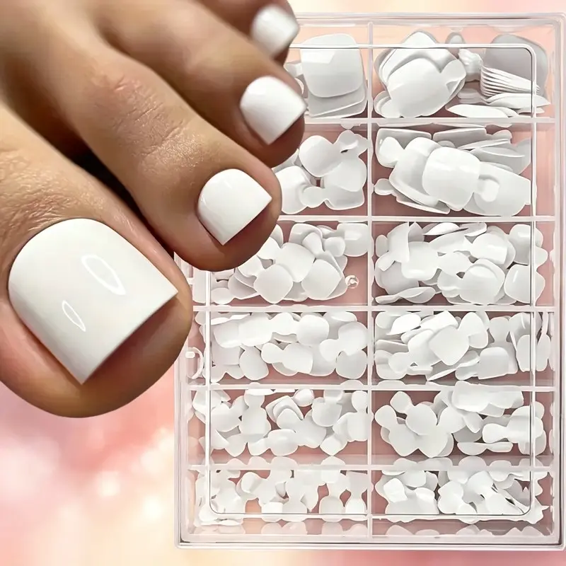 Pure White Square Wearable Toenails, Short Full‑Cover Press‑On False Toenails, Pre‑Shaped Acrylic Nail Tips, Girly‑Style DIY Toe Nail Art