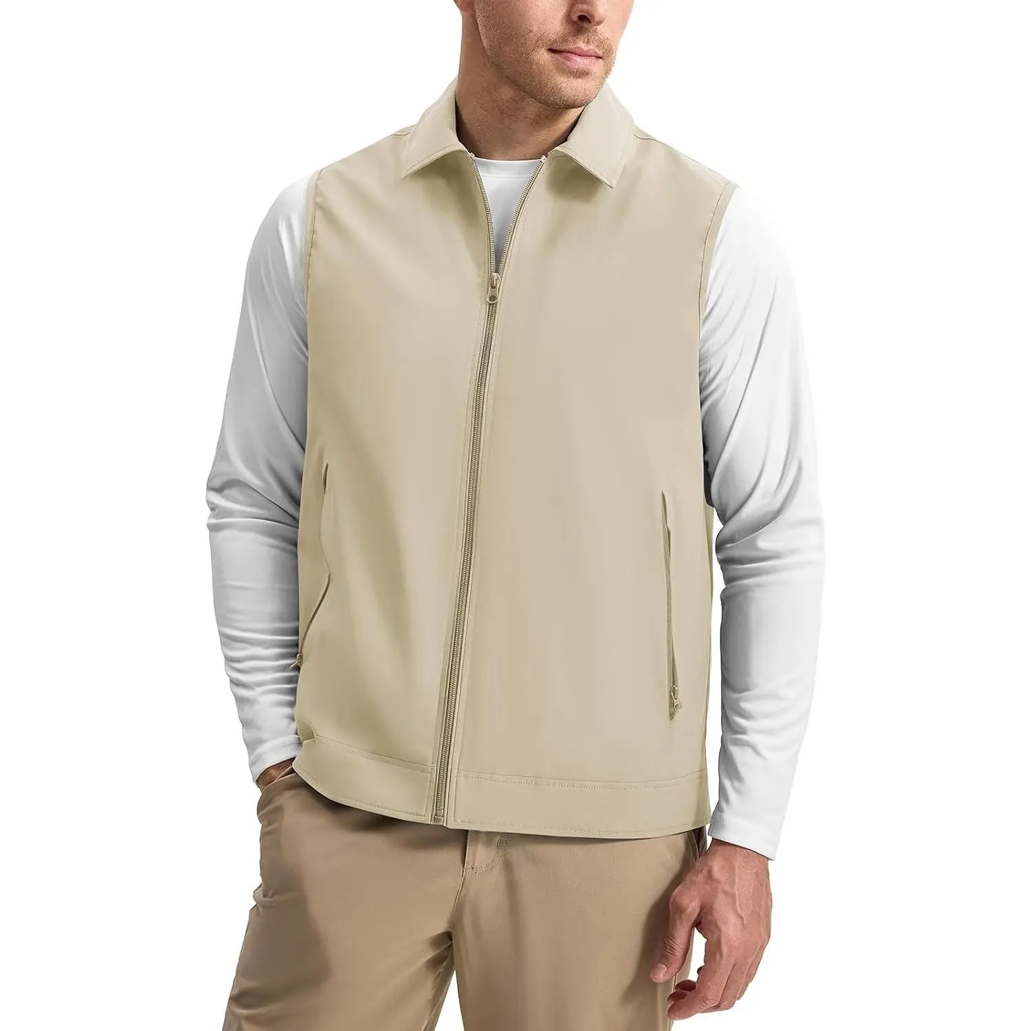 Men's Golf Vest - Lightweight Shell Outerwear, Windproof, Water Resistant, Smooth, Wrinkle-Resistant, Elastic Grid Lining Vest with Zipper Pockets for Casual Wear