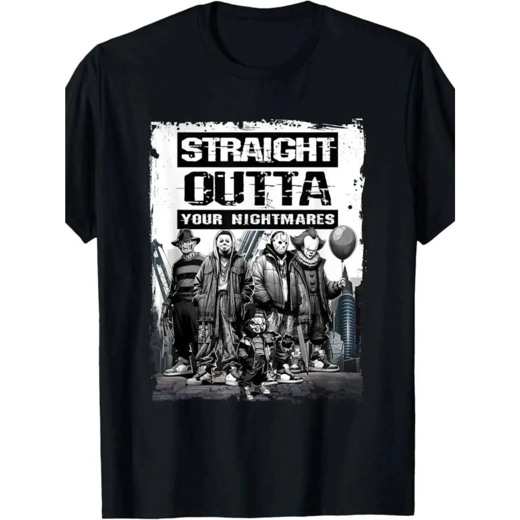 Straight Outta Nightmares" Men's Vintage Horror Halloween T-Shirt -  Casual Round Neck  gifts