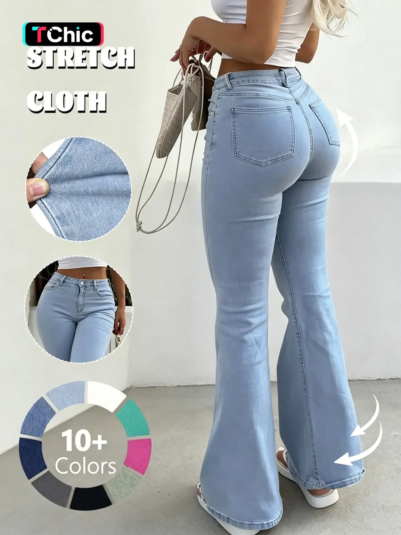 GILIPUR Y2K Women's Plain Minimalist Bell Bottom Jeans, Casual Button Fly Pocket Design, Slim Fit Cotton Flare Leg Denim Jeans, All Season Streetwear，#FlareJeans #MicroFlareJeans #HighWaistJeans#Light Wash#Fabric