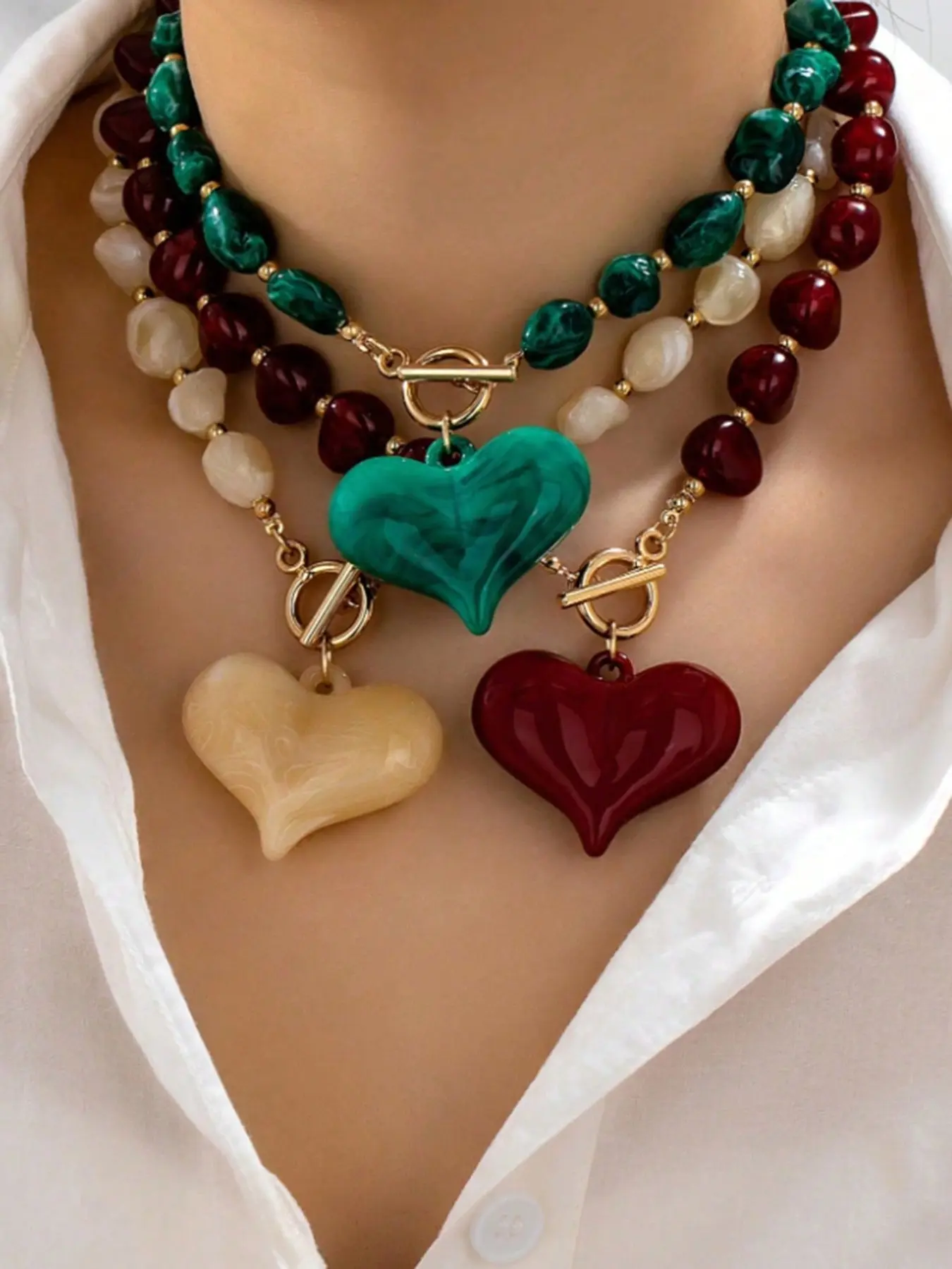 3Pcs  Vintage Chunky Beaded Heart Necklace for Women, Resin Heart Pendant Toggle Clasp Statement Necklace, Trendy Jewelry Gift for Party Daily Wear, Heart Design Jewelry, Casual Trendy Jewelry, Chunky Heart Necklaces