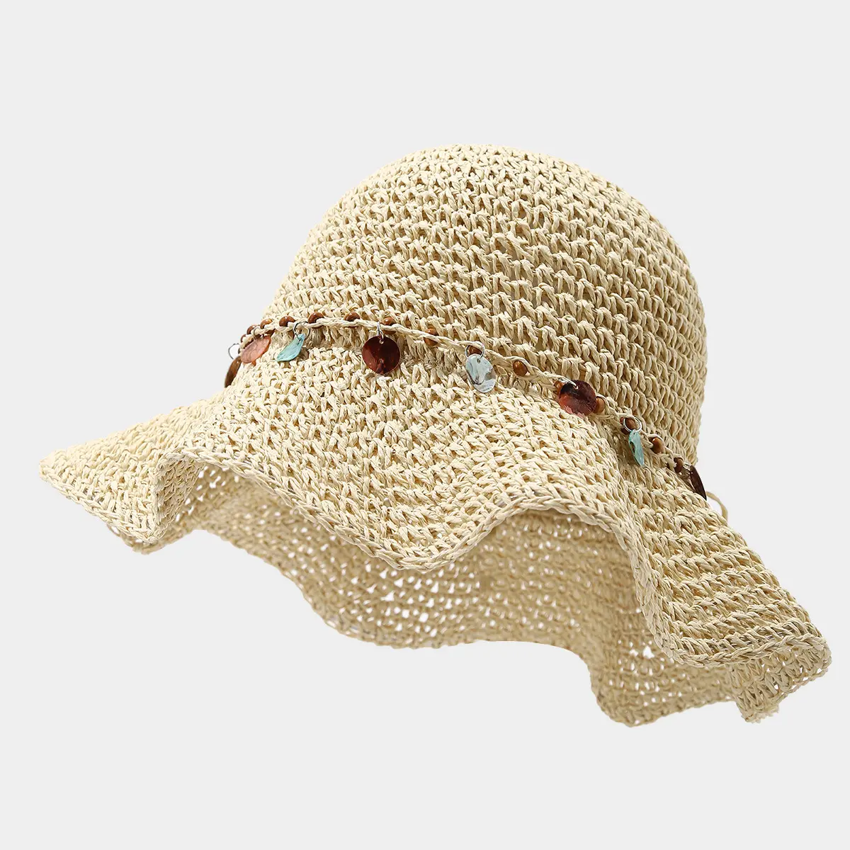 Crochet Straw Bucket Hat for Women, Plain Hollow Out Wide Brim Sun Cap with Shell Beaded Band, Portable for Summer Beach Travel, Accessories For Women, Hats For Women