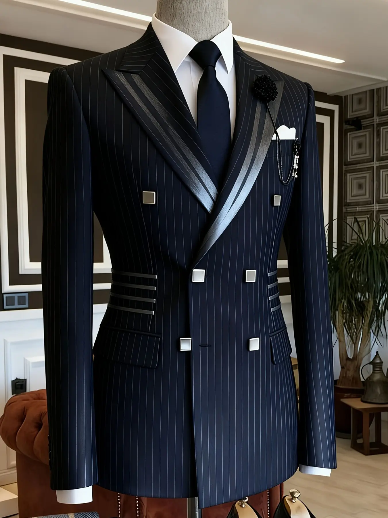 Ainwear Men Navy Pinstripe Double Breasted Blazer, Faux-Leather Trim Lapel Suit Jacket, Casual Outerwear for Weddings and Parties