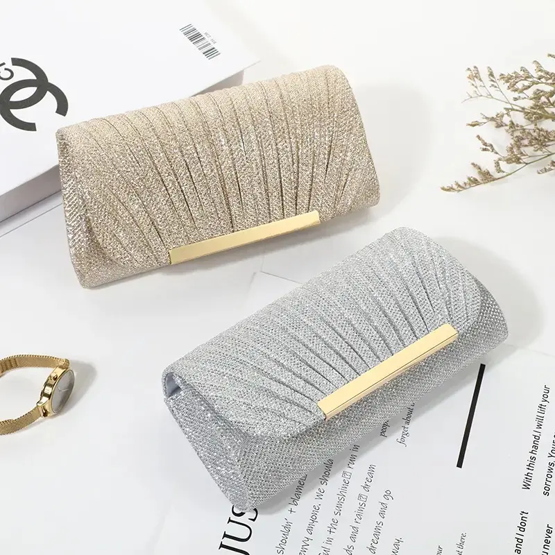 Funky Sequin Pleated Clutch for Women, Glamorous Baroque Style Nylon Evening Bag with Chain Strap for Prom & Wedding Parties, Peppy