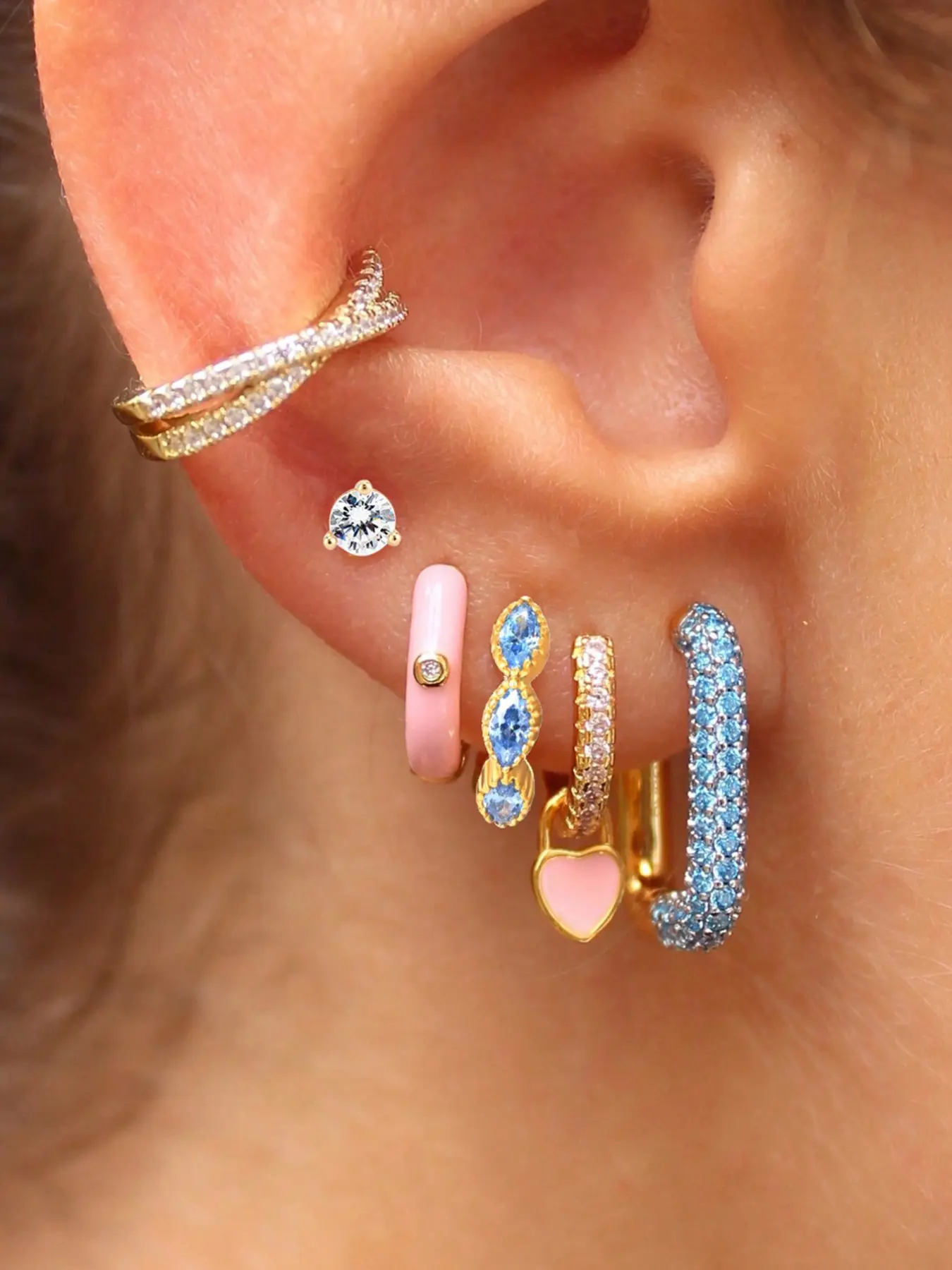 6Pcs Dainty 24K Gold Plated Heart Drop Dangle Earring Pack for Women Cubic Zirconia Huggie Hoop Earring Set colorful Zircon Stud Earring Stack Fashion Jewelry Gift