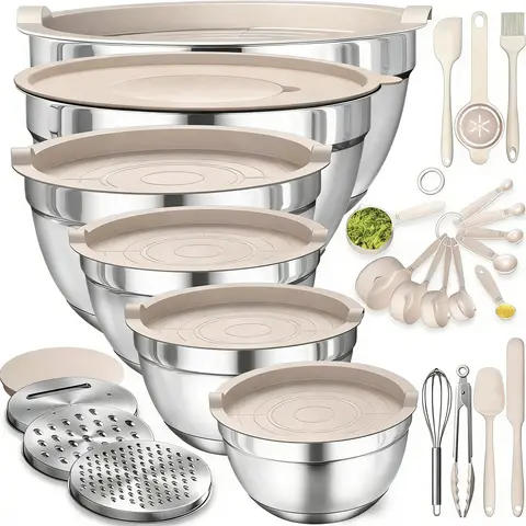 26PCS Round Stainless Steel Stackable Mixing Bowls Set - BPA-Free, Food Grade, Dishwasher Safe, Multi-Size (1.5QT,2.0QT,2.5QT,4QT,7QT) with Airtight Lids, Khaki Tableware, Grater Attachments, Utensils, Mirror Finish for Home Cooking