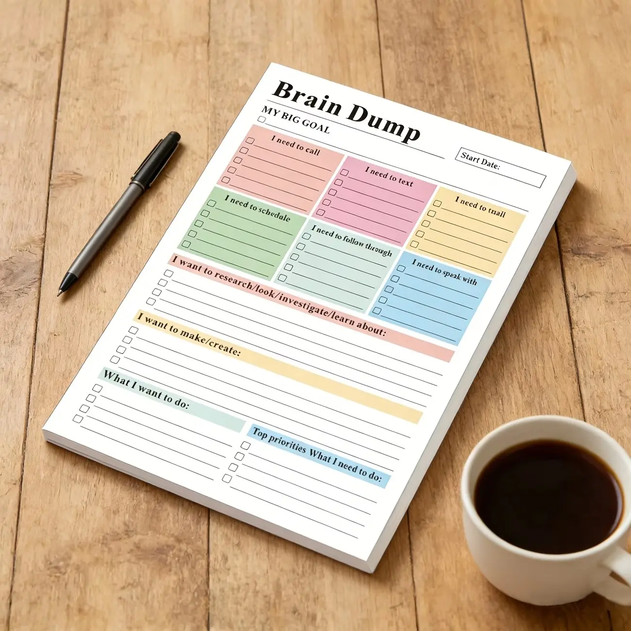 Brain Dump & To-Do Notebook, 50 Pages A5 Daily Task Manager, Minimalist Planner, Productivity Planner, Day Planner for Self-Planners, Project Managers, Personal Organization