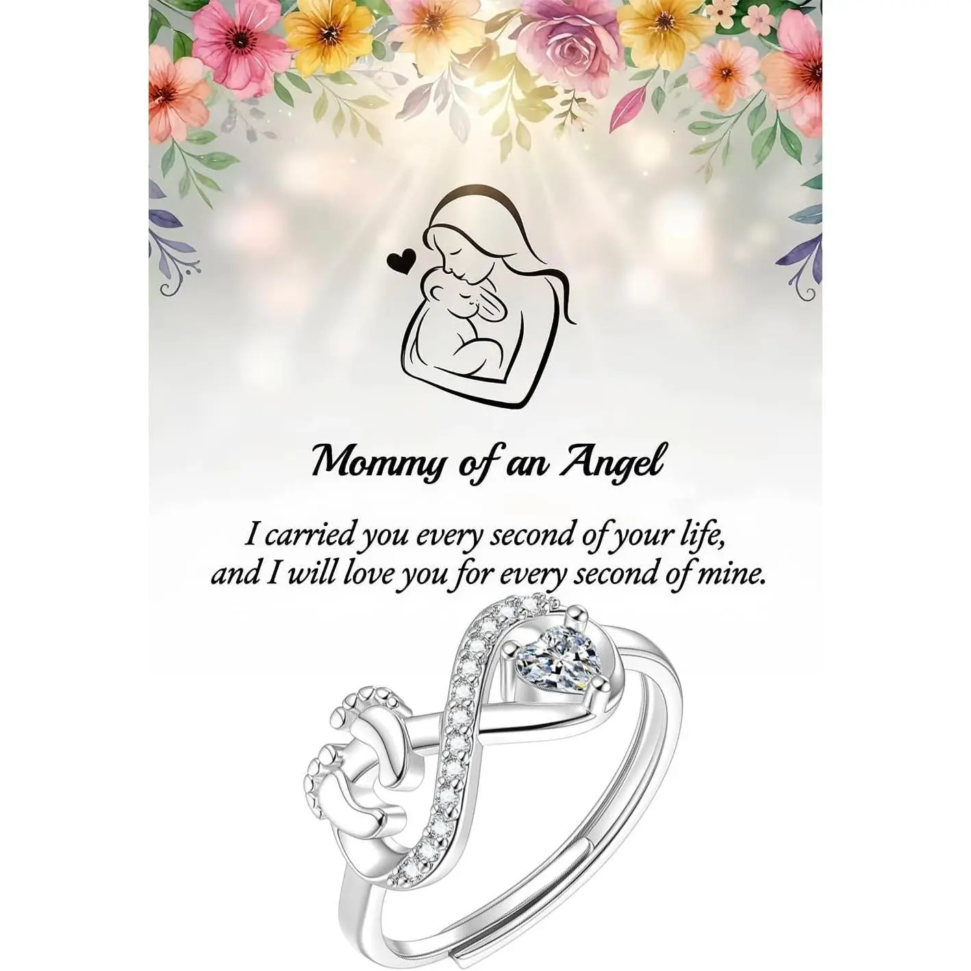Mommy of an Angel Miscarriage Rings, Pregnancy Loss Remembrance Angel Wing Feet Open Ring Memorial Keepsake Gift Grieving Mothers Sterling Silver Plated Ring Jewelry