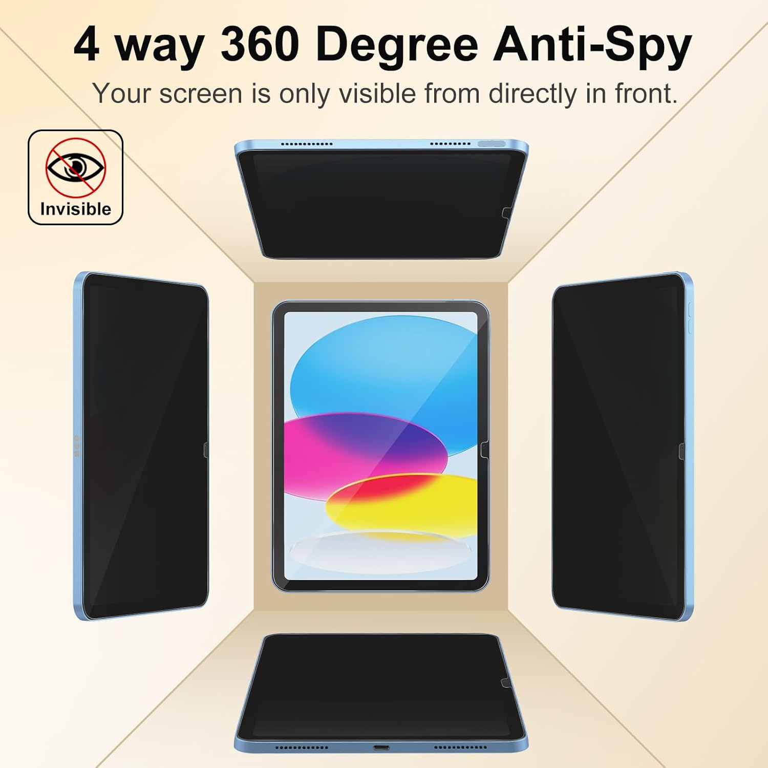 360° 4 Way Privacy Screen Protector for iPad A16 11th/ 10th Generation (11/10.9 Inch 2025/2022), 360 Degree Anti-Spy Tempered Glass Film, Case Friendly, Apple Pencil Support