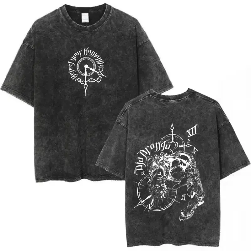 Vintage Washed Cotton JoJo Bizarre Adventure Dio Over Heaven Manga Graphic T Shirt Adult Unisex Oversized Drop Shoulder Short Sleeve Soft Breathable Hip Hop Streetwear Y2K Trendy Casual Daily Crew Neck Tops For Men Women Outdoor Lounge Wear