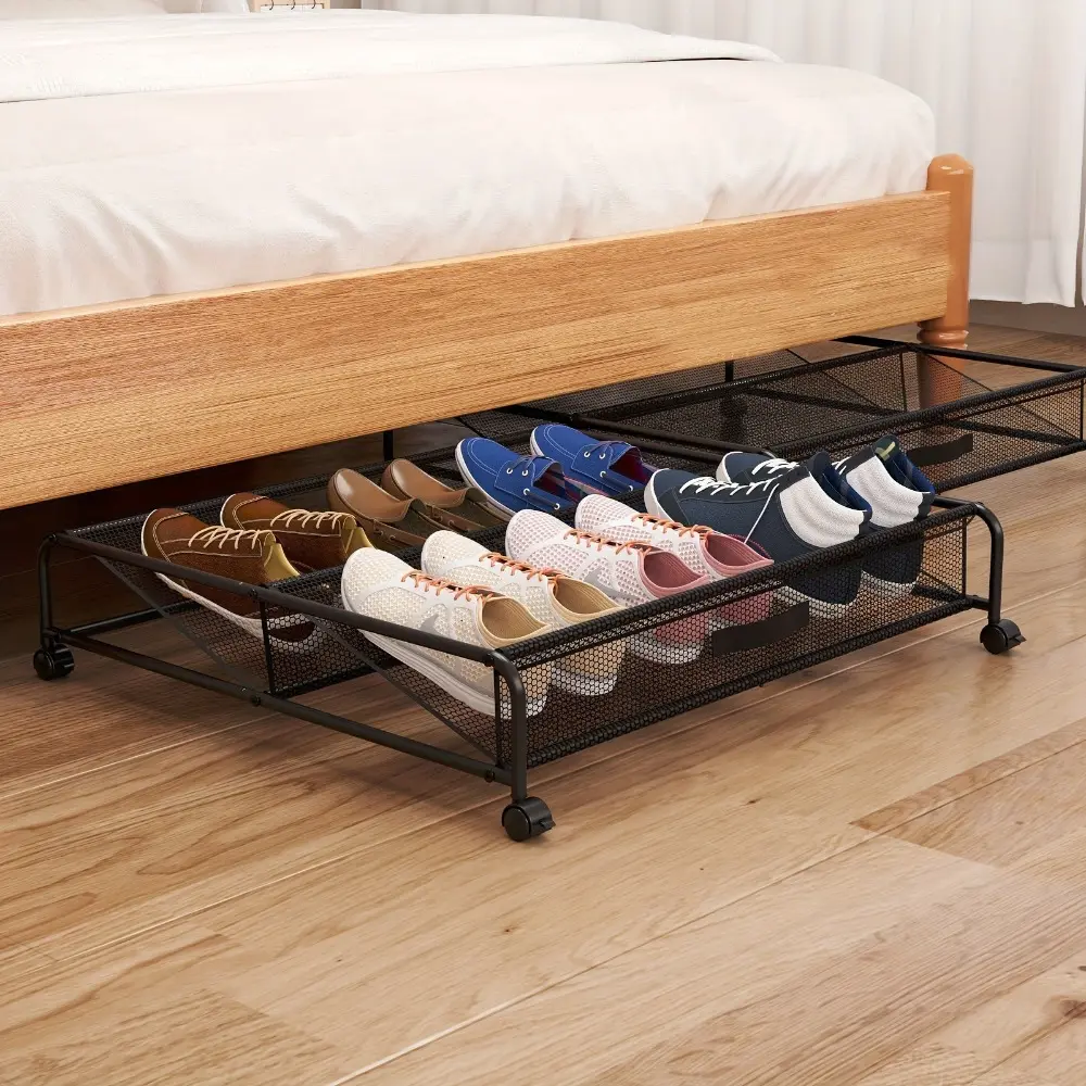 Simple Under-Bed Shoe Rack, Wheeled Under-Bed Storage Box, Multi-Functional Iron Shoe Cabinet, Bedroom Shoe Organizer, Dust-Proof Mesh Storage Shelf, Space-Saving Storage Organizer