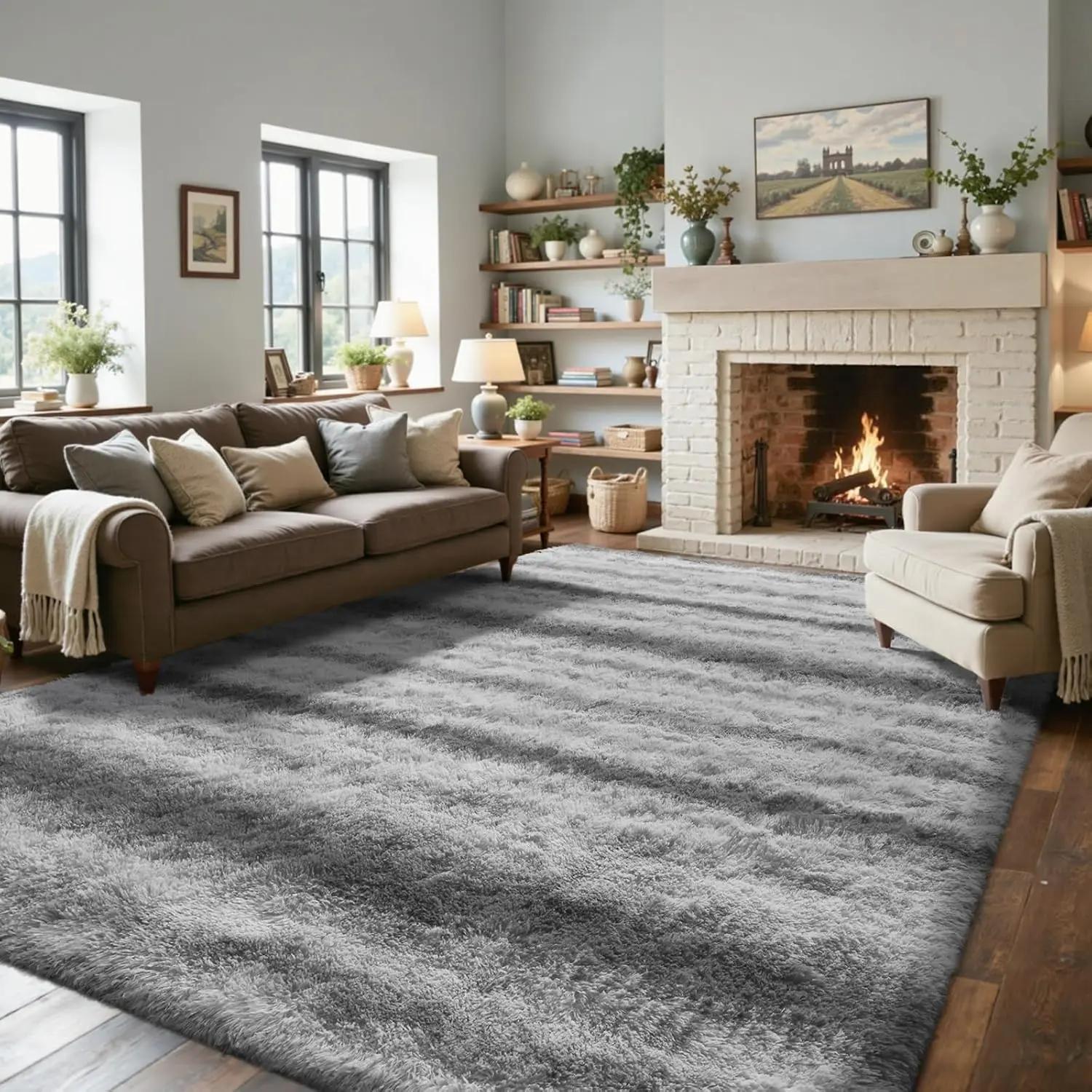 5x7 Ft Modern Slip-Resistant Shag Rug for Living Room, Bedroom, Tie-Dyed Ultra Soft Fluffy Area Rug, Indoor Home Decor Carpet (Grey&White), Rugs For Bedroom, Indoor Floor