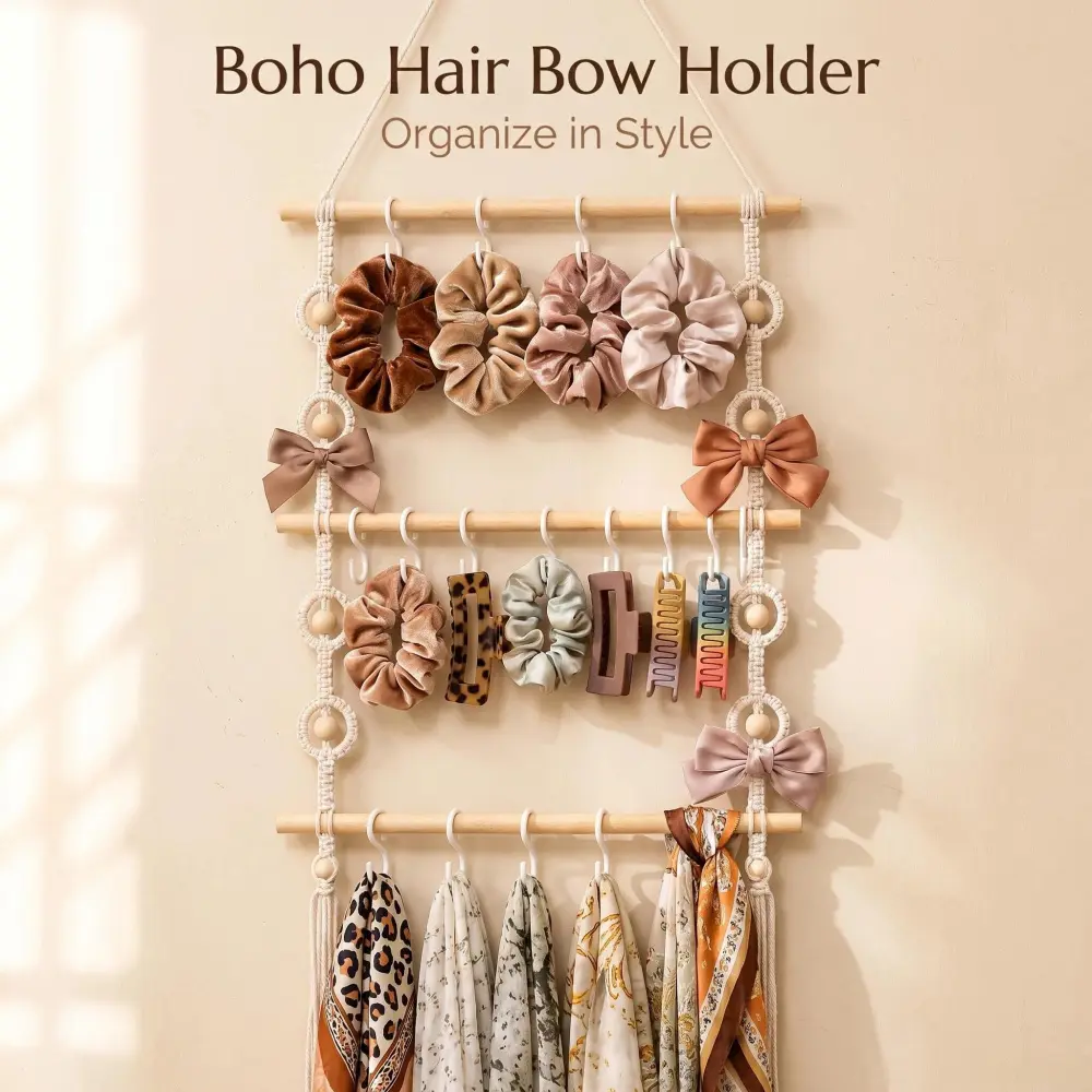 Handmade Boho Macrame Wall Organizer - 3-Tier Hanging Storage Net Rack with Wooden Rod for Scarves, Jewelry, Bags