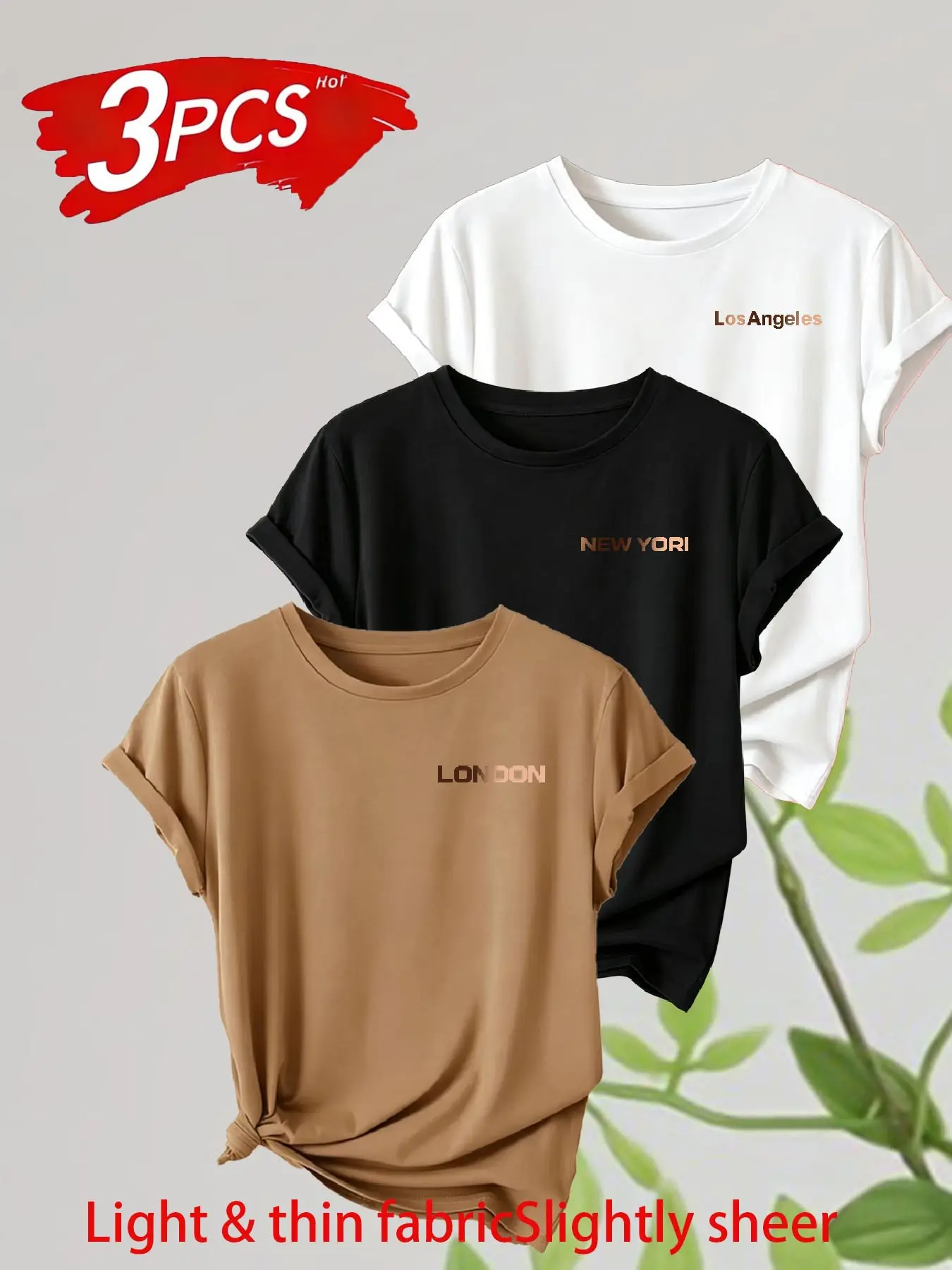 Three-Piece Letter Pattern Round Neck T-Shirt, Women's Spring Summer Casual Slim-Fit Short Sleeve Top, Comfortable