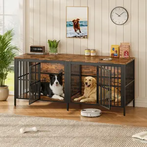 80" Dog Crate End Table, Heavy Duty 2-Door Indoor Pet Kennel, Multipurpose Dog House Furniture As TV Stand or Side Table for Living Room, Large & Medium Dogs.(Rustic Brown)