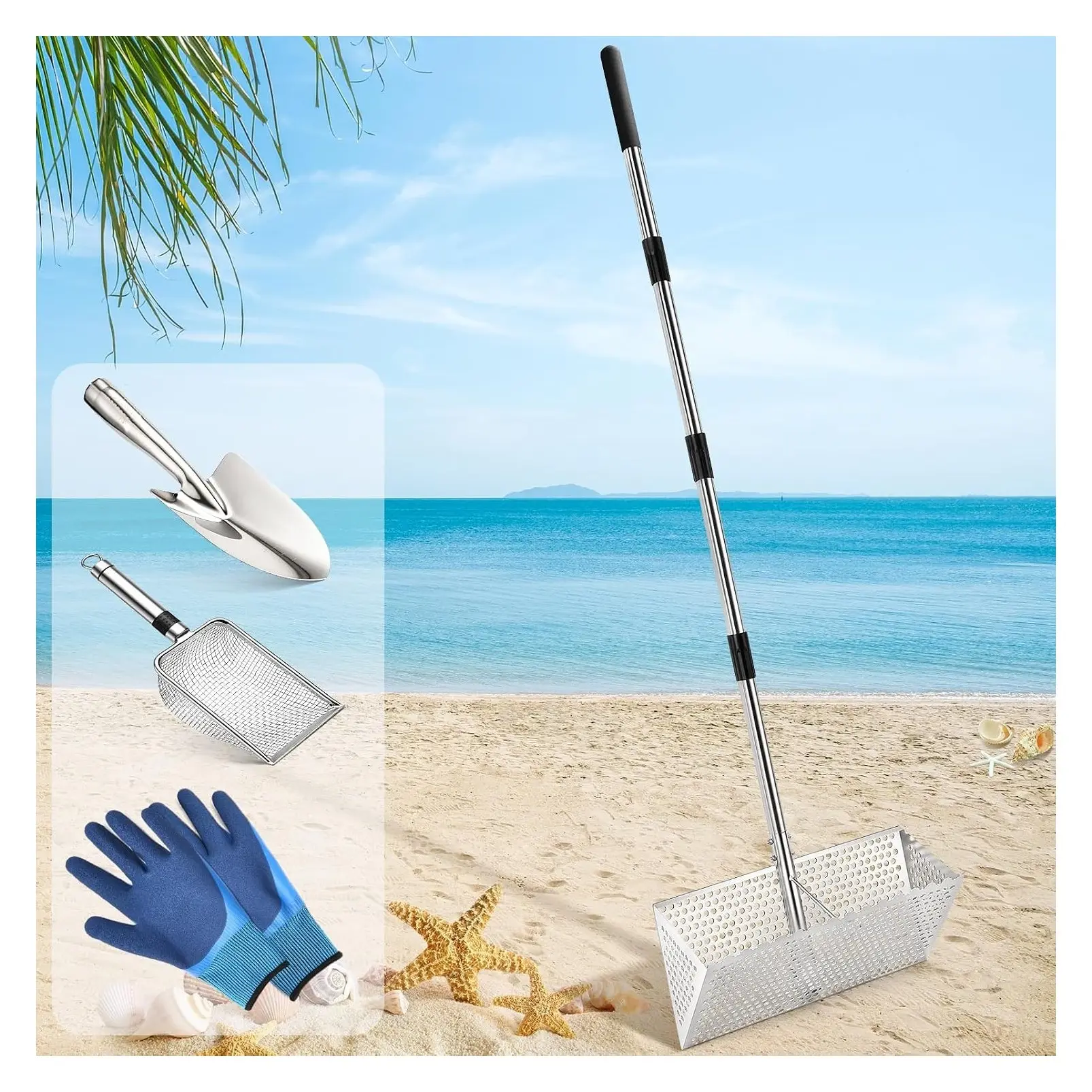 Sand Flea Rake, Stainless Steel Sand Sifter, Shark Tooth Sifter with 16-Inch Wide Drain Screen for Finding Fleas, Shells and Shark TeethGift