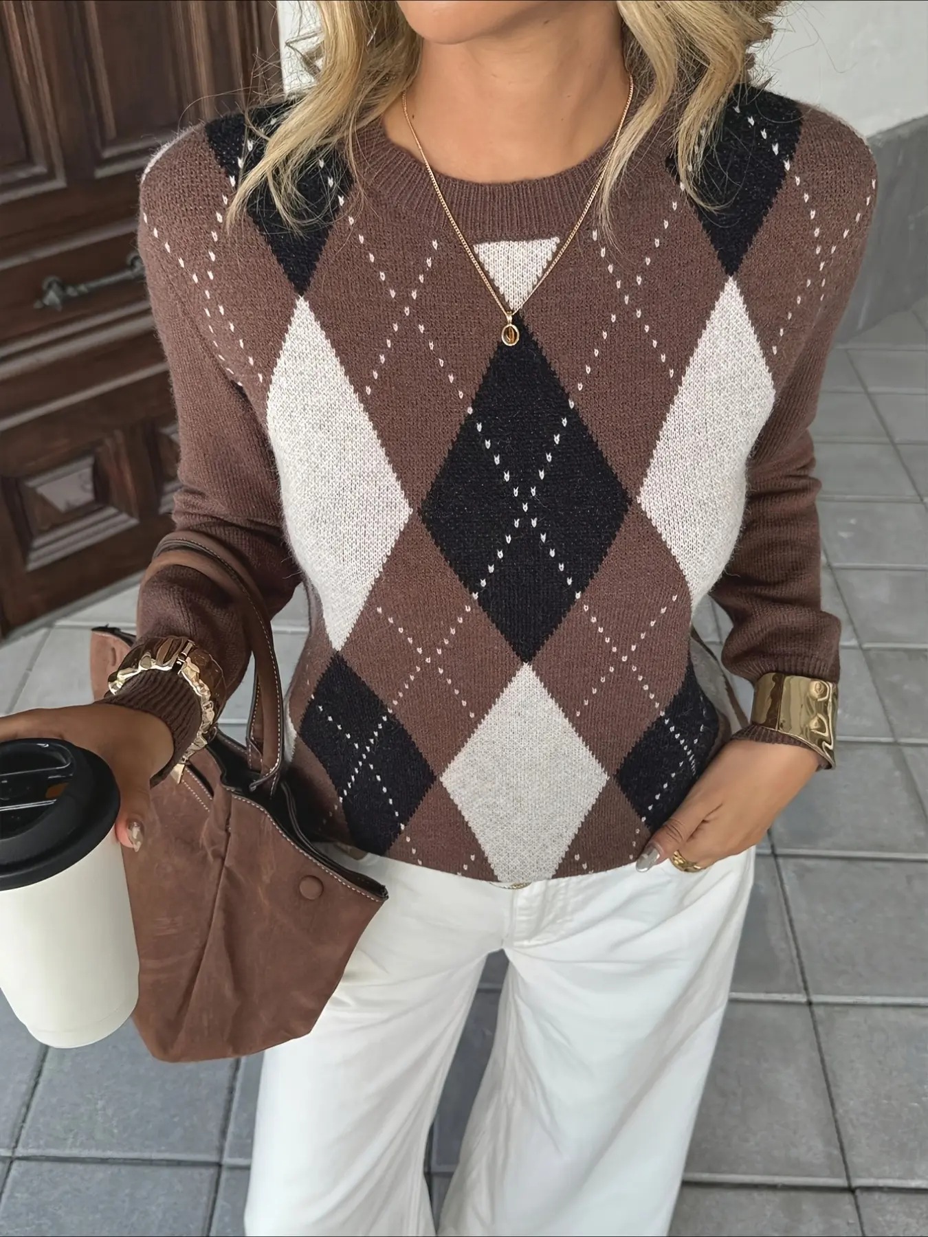Fashionable Elegant Comfortable Outdoor Return-To-School Women's Colorblock Argyle Pullover, Long Sleeve Fitted Knit Top for All Seasons