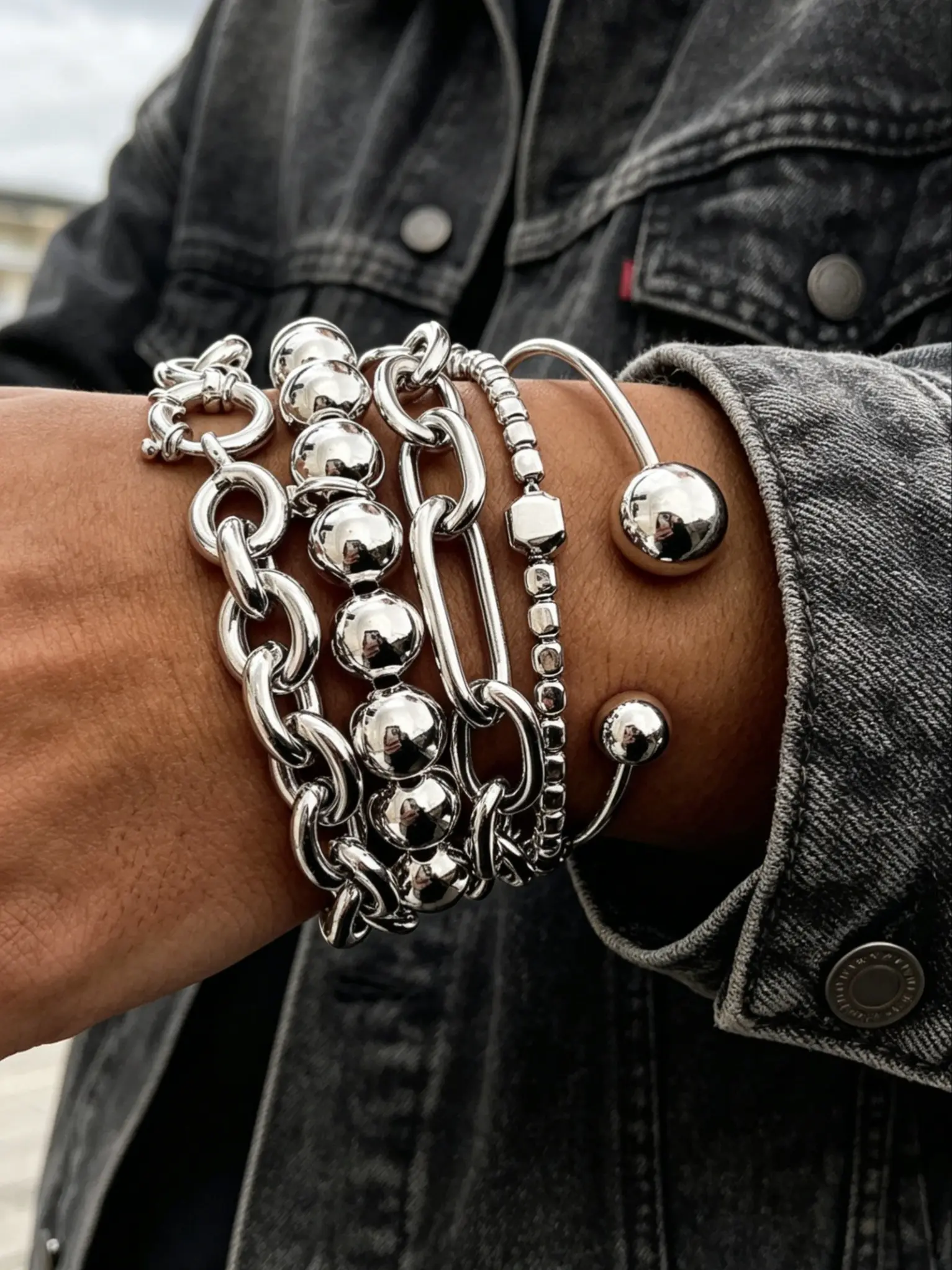 5 Piece Silver Color Metal Bracelet Set, European and American Street Style, Thick Chain/round Bead/square Designs, Hip Hop/hot Girl Accessories, Beaded Bracelet Set