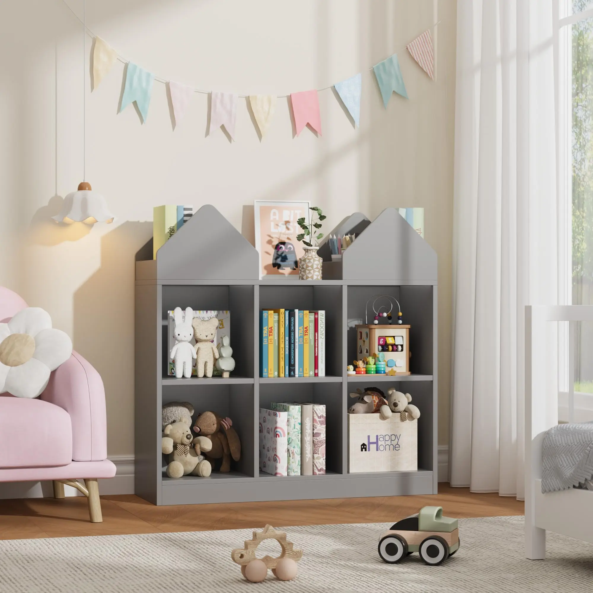 Educational method  House-Shaped Bookshelf - 3-Column 2-Tier Open Storage Shelf, Floor Standing Bookcase Organizer, 35.4