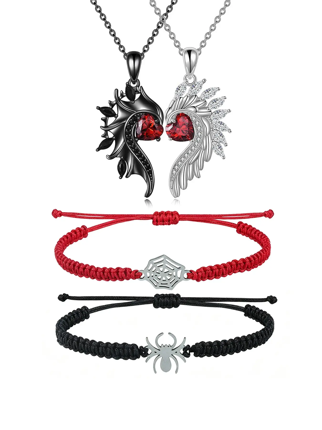 Spider-Man couple jewelry set, magnetic pendants (angel/devil, bat), red-black spider web woven bracelets, Exquisite trendy bracelet, adjustable unisex, Goth Halloween, Valentine, gift for couples/besties, trending dark aesthetic matching accessories